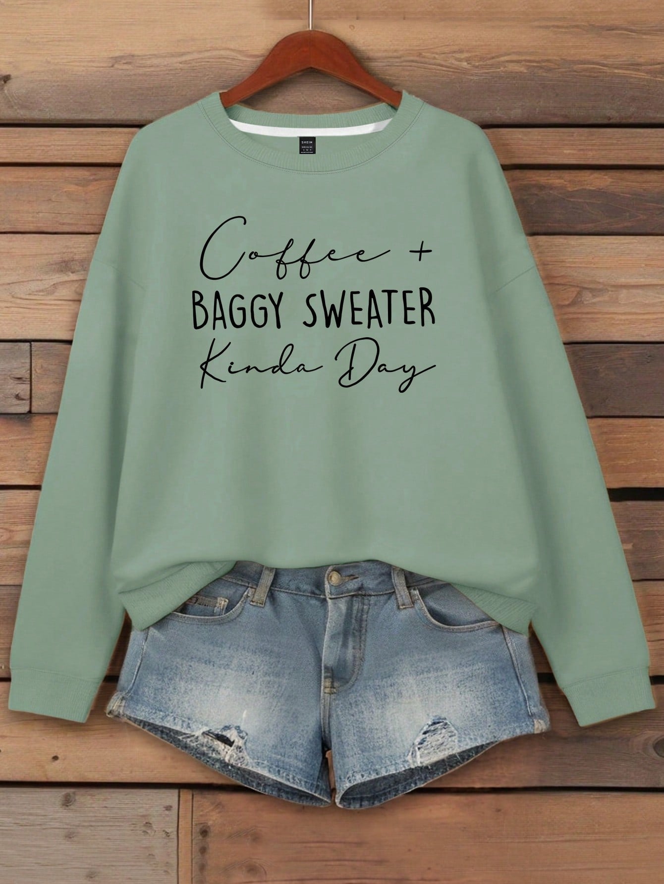 Women's Letter Printed Round Neck Hoodie Coffee  Baggy Sweater Kinda Day