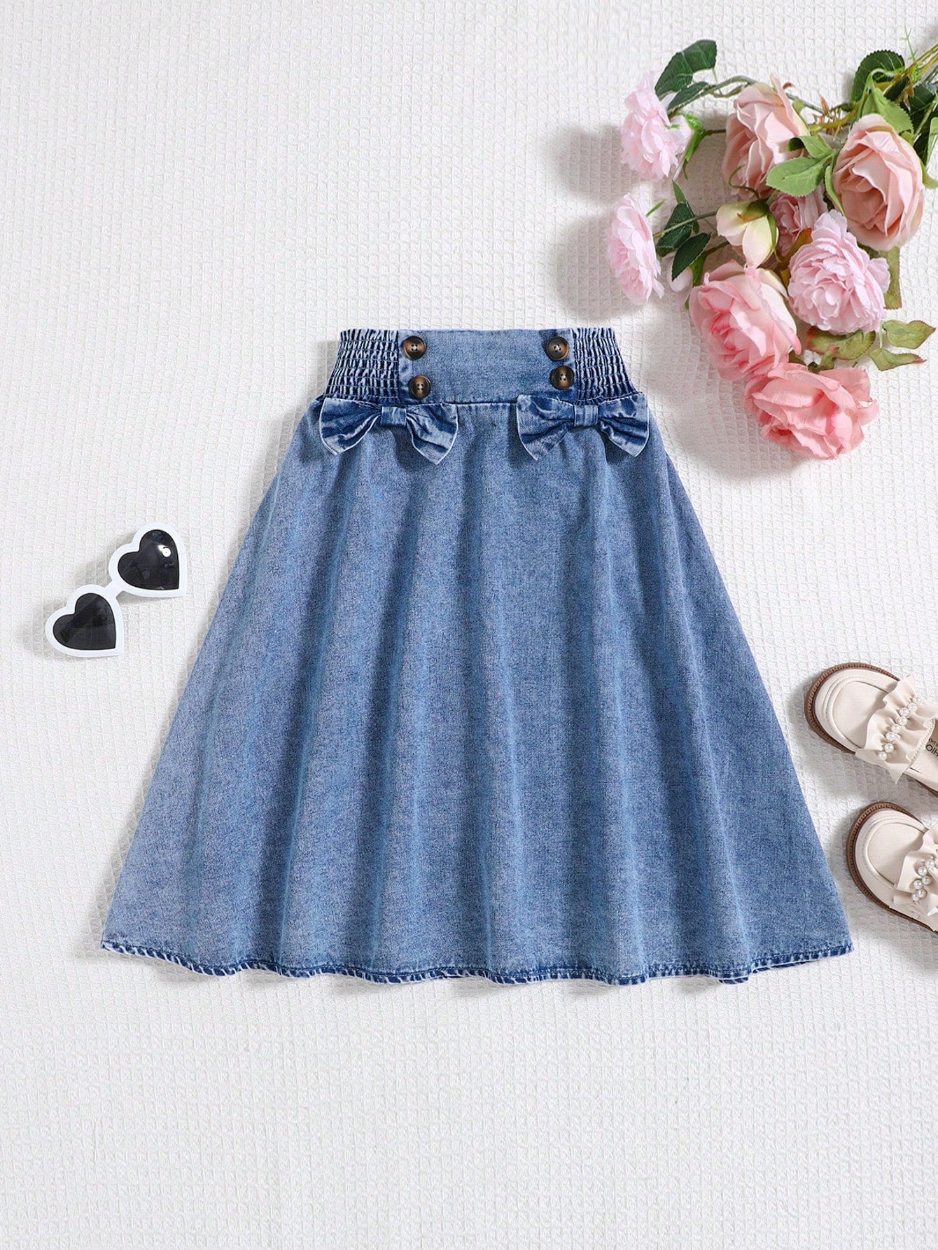 Tween Girls Stonewashed Shirred Waist Bowknot Botton Front A Shape Denim Long Skirt,Tween Girl Fall Clothes Back To School Outfits