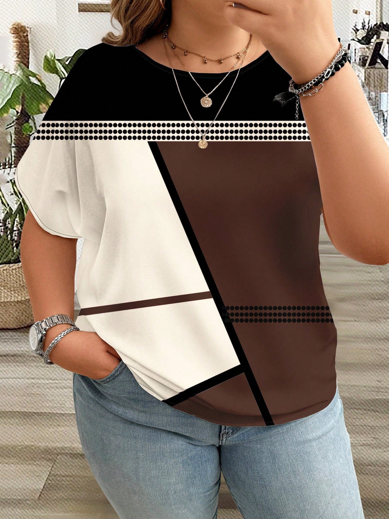 Plus Size Women's Fashionable Color-Blocked Short Sleeve Linen Shirt Mother's Day