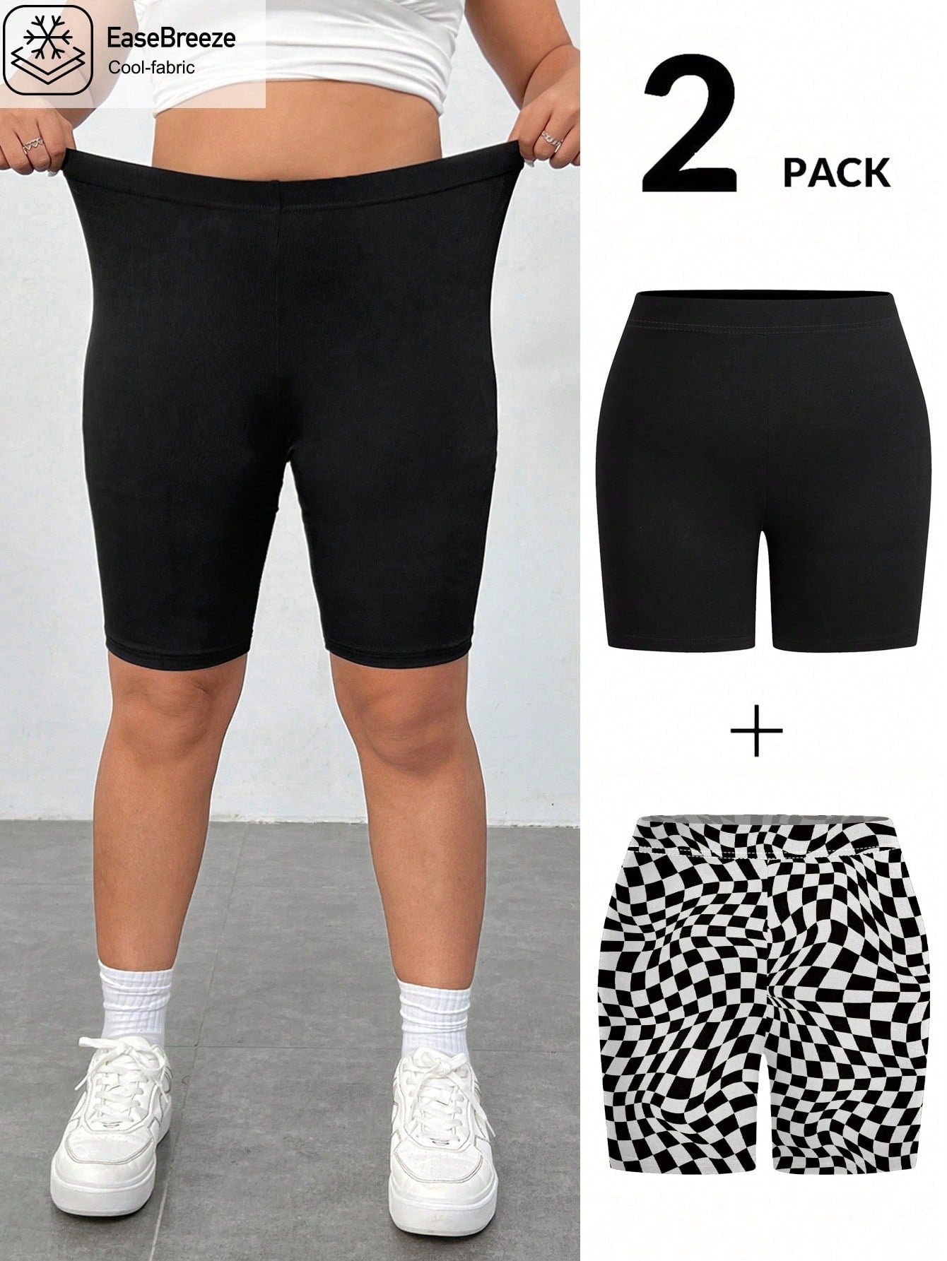 Women's Plus Size 2pcs Set: Black Knitted High-Waisted Compression Shorts And Cycling Shorts, Made With Ice Silk Cool Fabric, Perfect For Everyday Wear, Outdoor Sports, And Casual Activities Without Restriction.