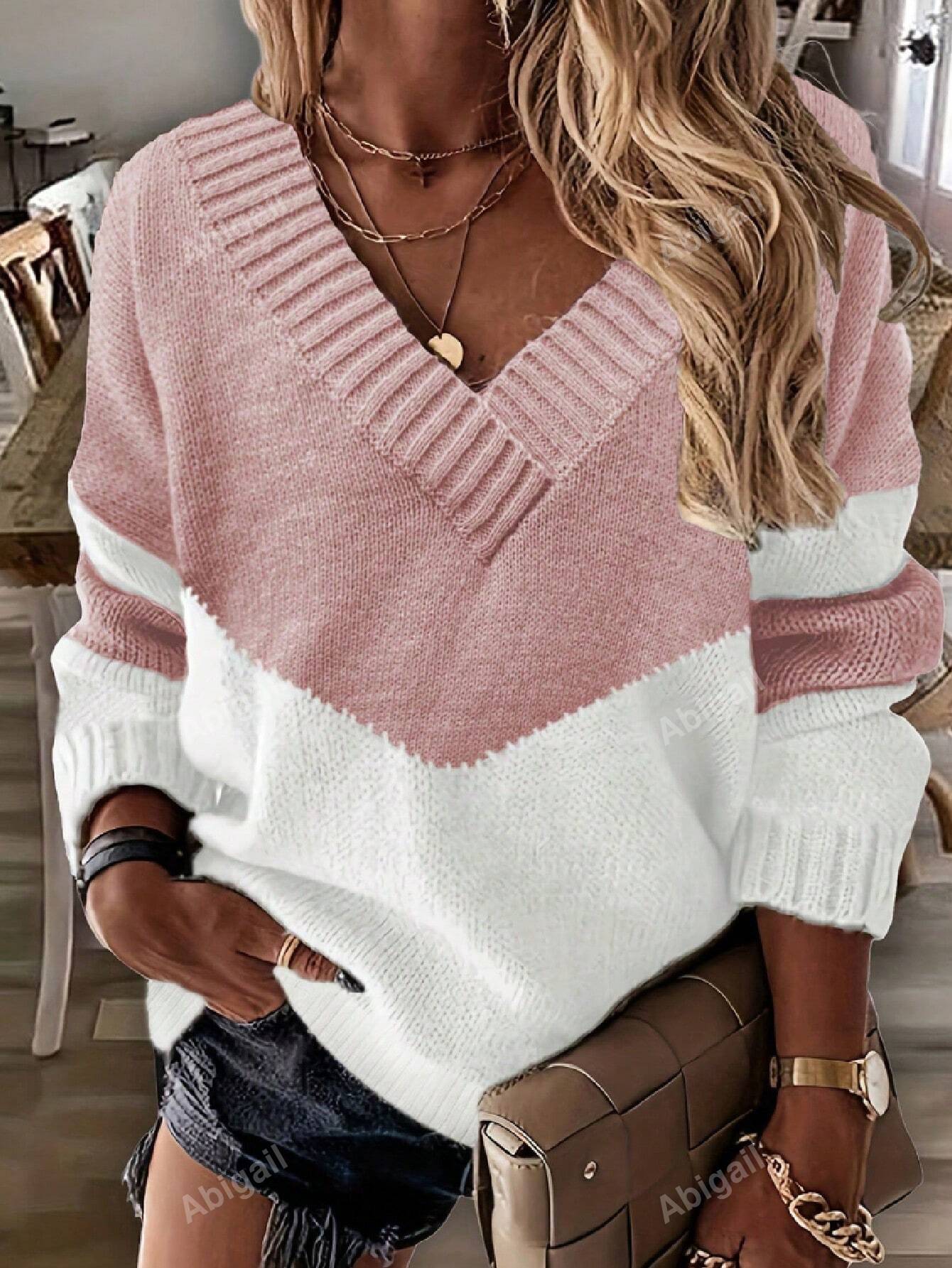 New Arrival Trendy Casual V-Neck Contrast Color Plus Size Sweater Knitted Pullover For Autumn/Winter Women's Wear