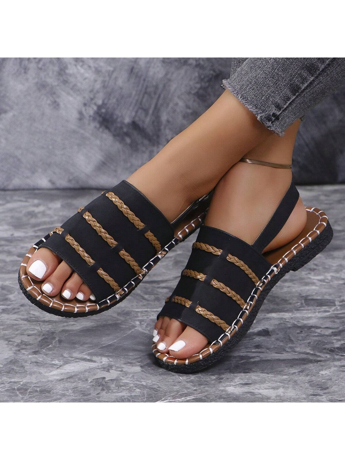 Women Flat Sandals Buckle Elastic Ladies White Open Toe Flat Slipper Plain Slides Anti-Slip, Suitable For Indoor And Outdoor