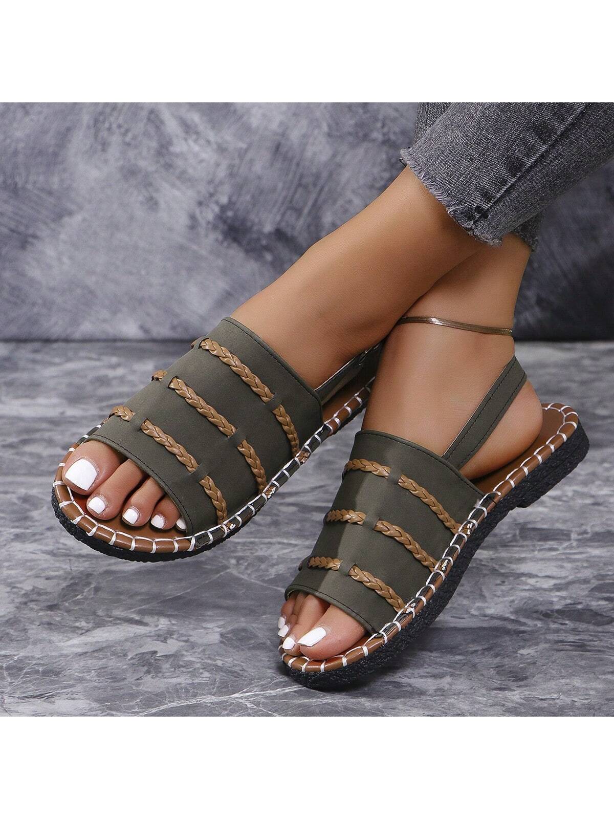 Women Flat Sandals Buckle Elastic Ladies White Open Toe Flat Slipper Plain Slides Anti-Slip, Suitable For Indoor And Outdoor