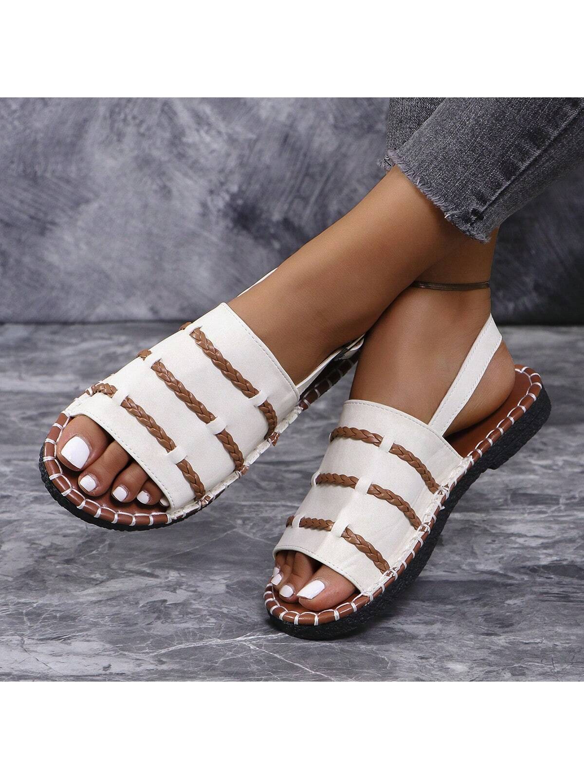 Women Flat Sandals Buckle Elastic Ladies White Open Toe Flat Slipper Plain Slides Anti-Slip, Suitable For Indoor And Outdoor