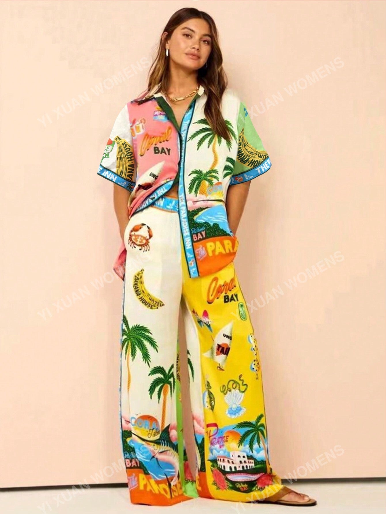 Women's Colorful Printed Two-Piece Set, Casual Short Sleeved Shirt&Wide Leg Pants Suitable For Vacation