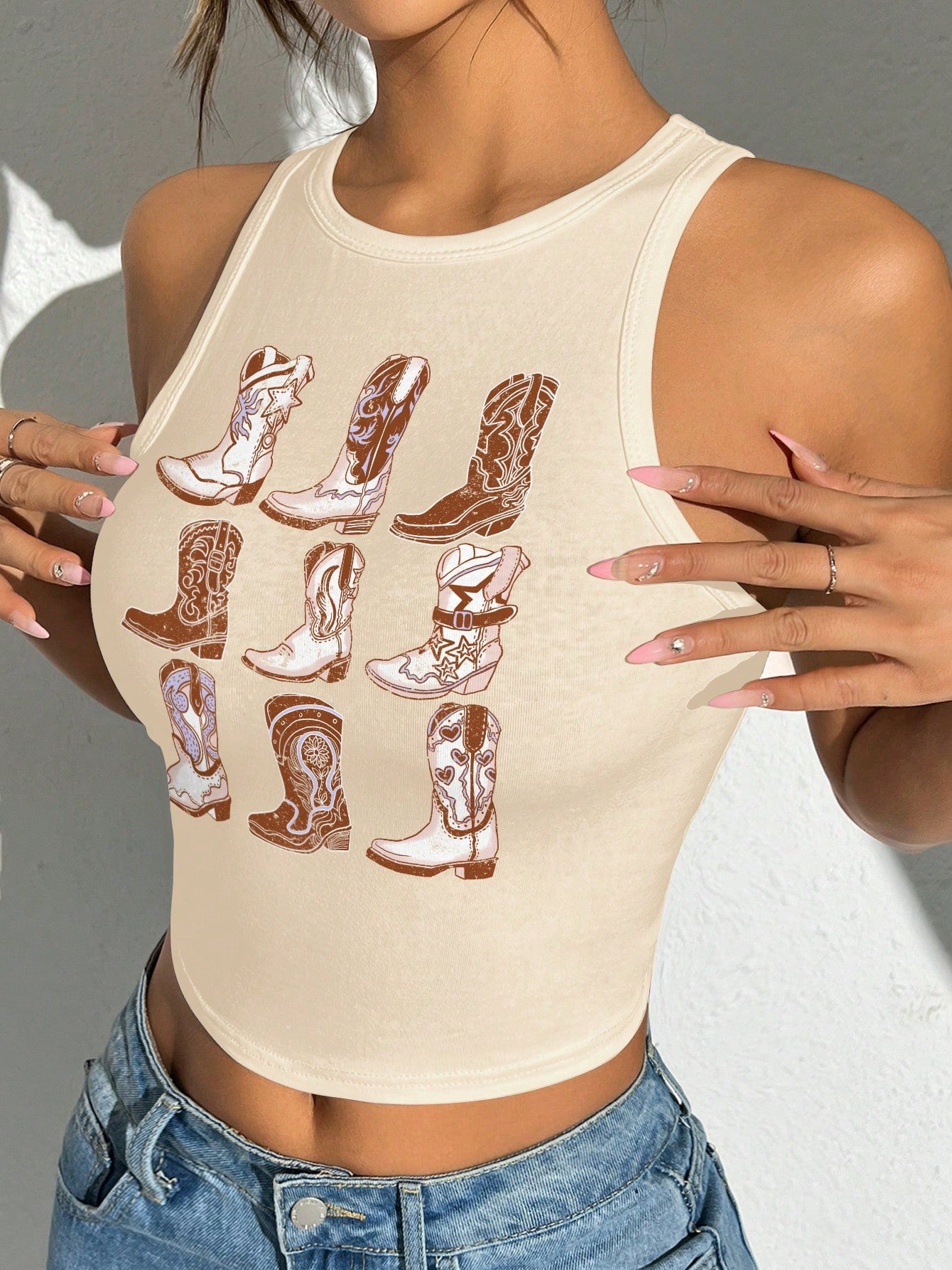 Casual & Simple Cowboy Boot Print White Tight-Fitting Women's Tank Top, Suitable For Summer Music Festivals