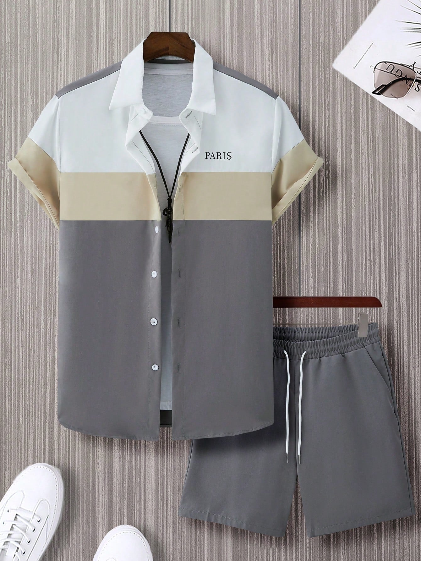 Men's Plus Size Summer Casual Letter Printed Colorblock Short Sleeve Shirt And Shorts Set