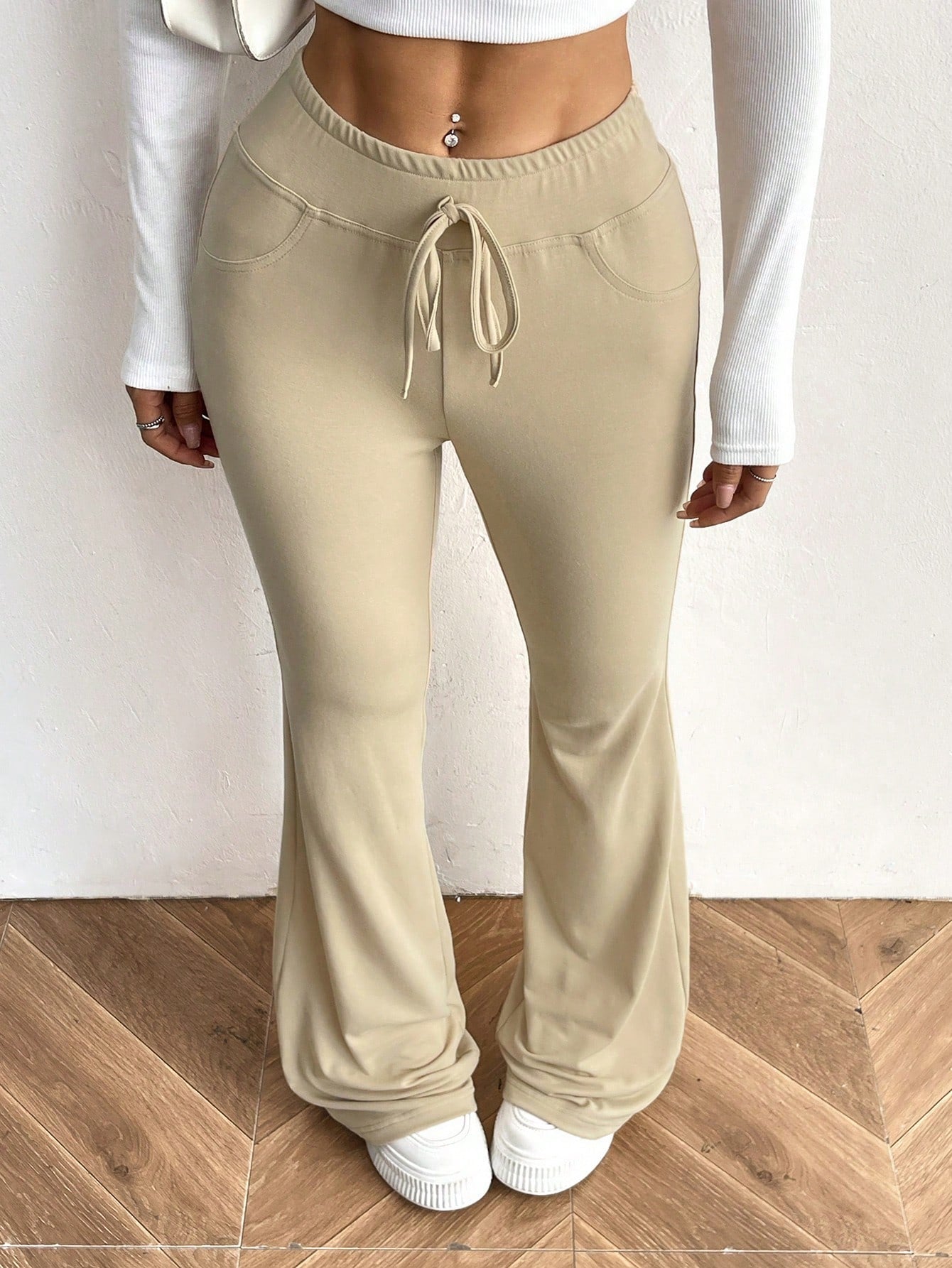 Retro Style Grey Tie Waist Flare Leg Sweatpants