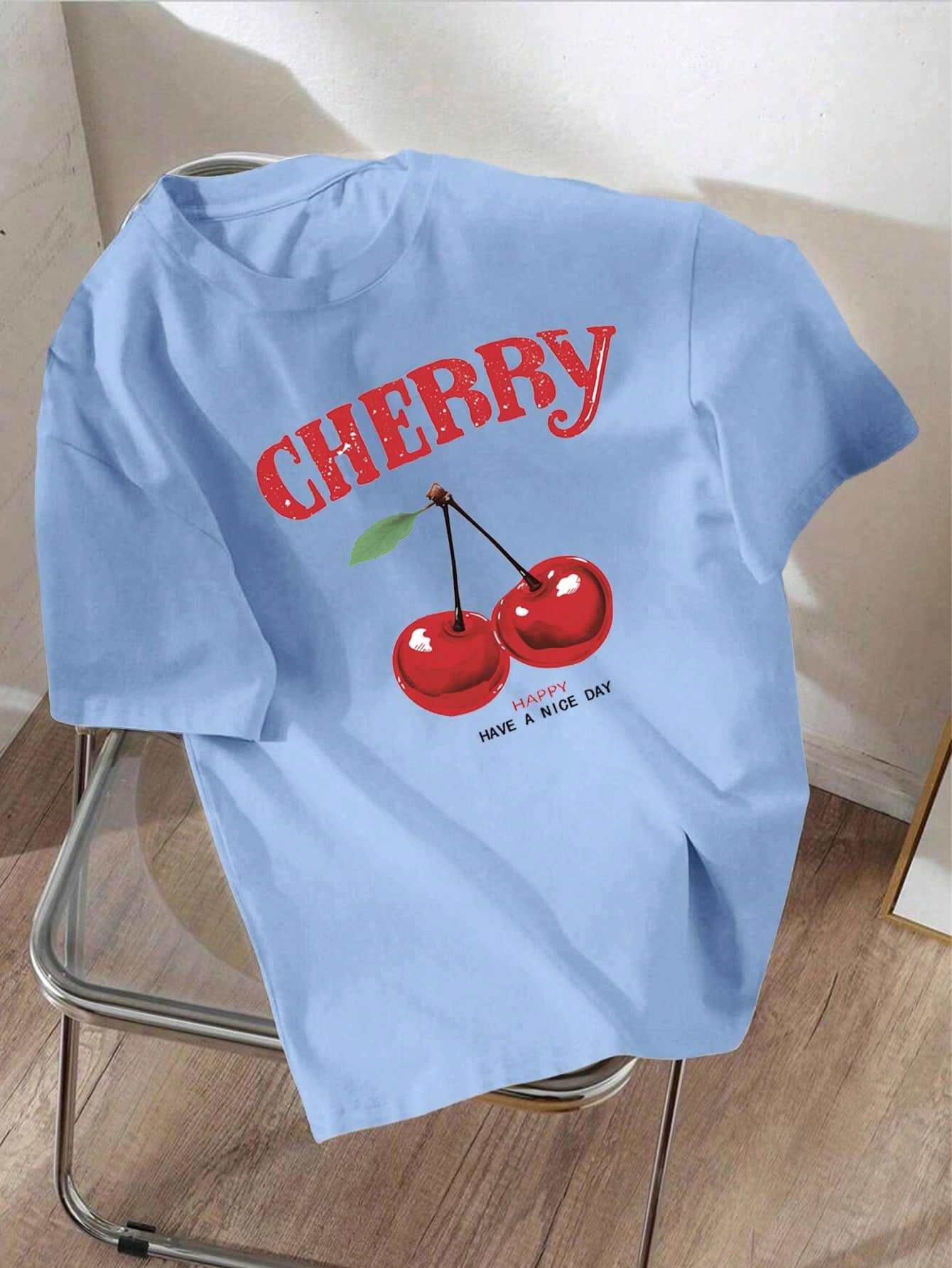 Oversized White Cherry Print Round Neck Short Sleeve Casual T-Shirt For Women, Suitable For Summer