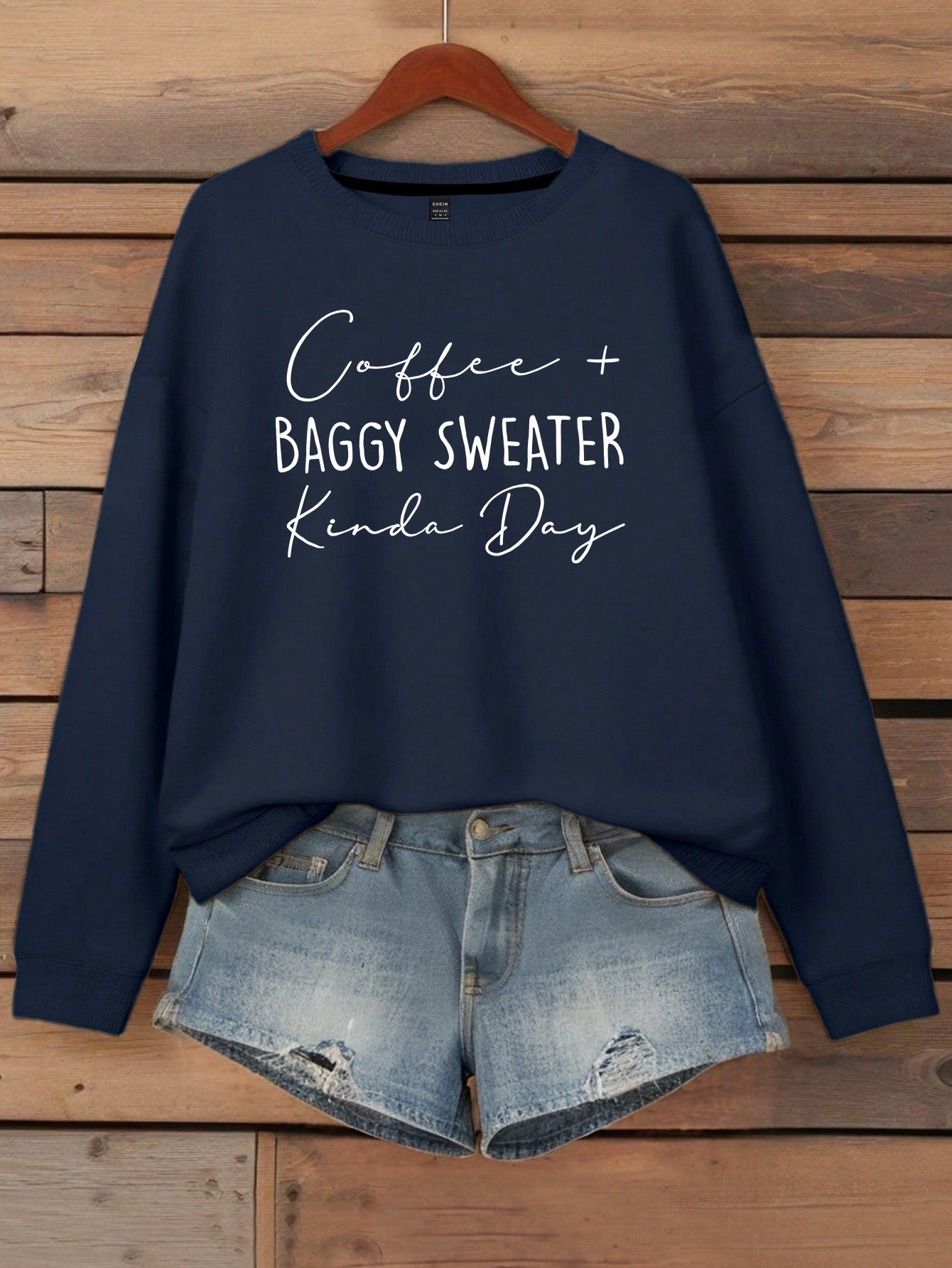 Women's Letter Printed Round Neck Hoodie Coffee  Baggy Sweater Kinda Day