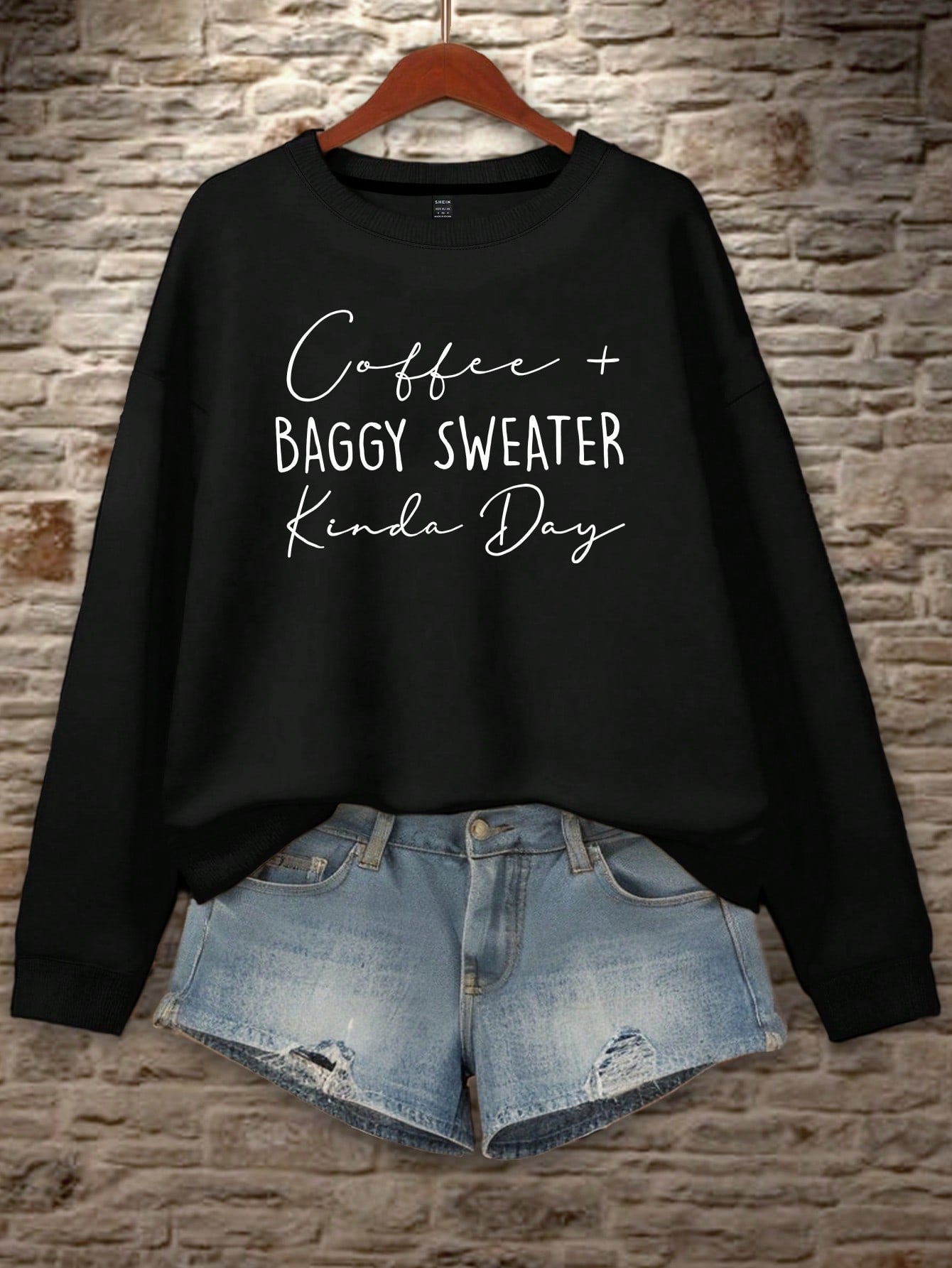 Women's Letter Printed Round Neck Hoodie Coffee  Baggy Sweater Kinda Day