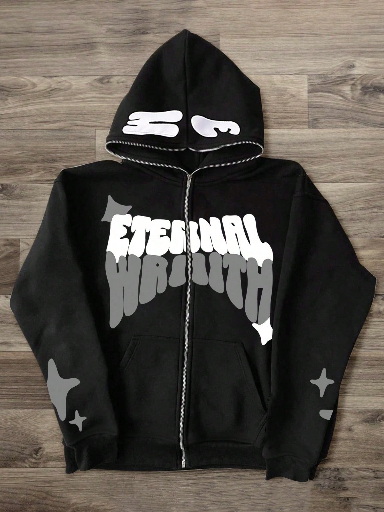 Men Star & Letter Printed Fleece Lined Zip-Up Hoodie