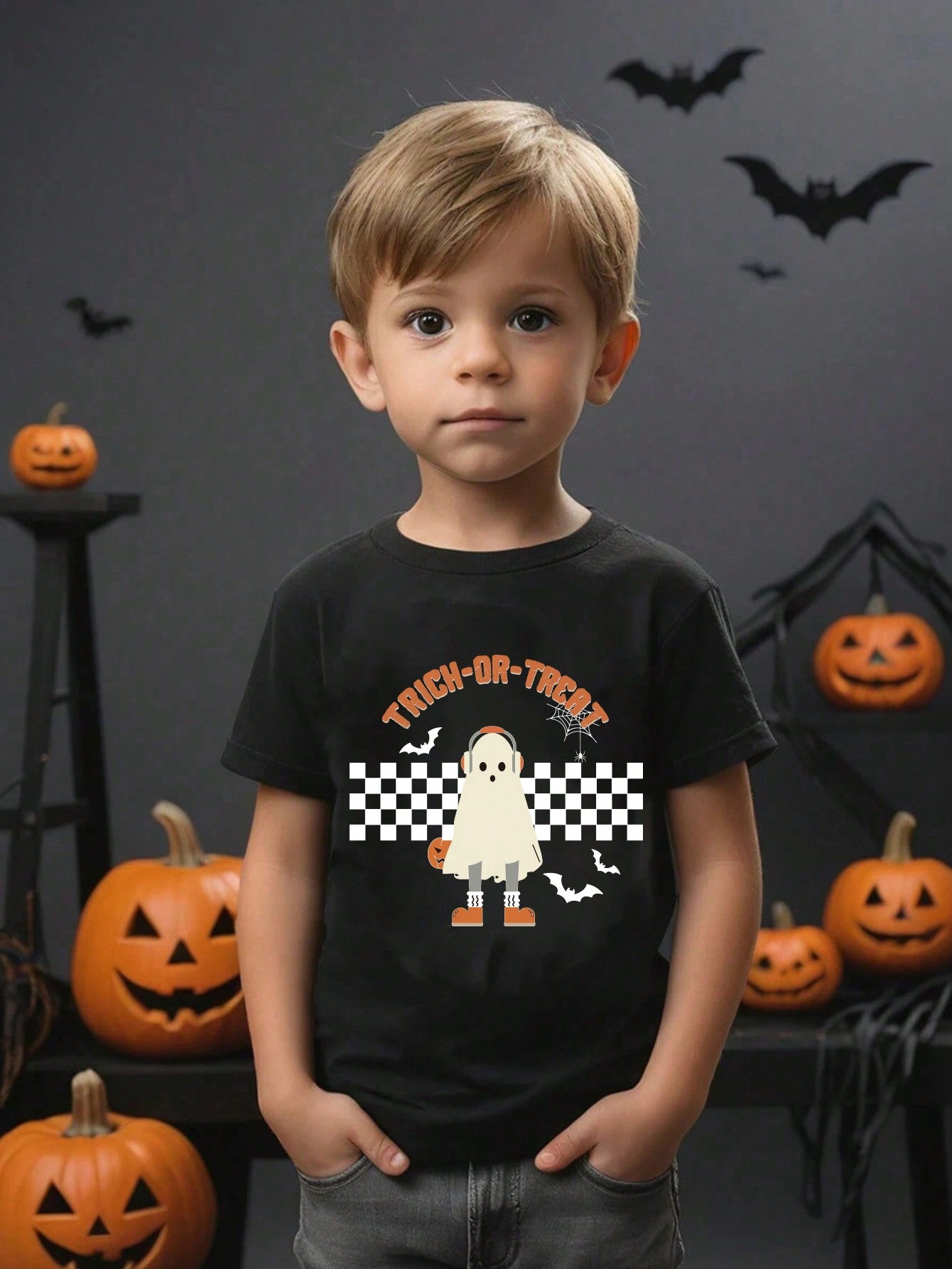 Young Boy Casual Trendy Skateboard & Ghost Checker Print Letter Slogan Basic Short Sleeve T-Shirt