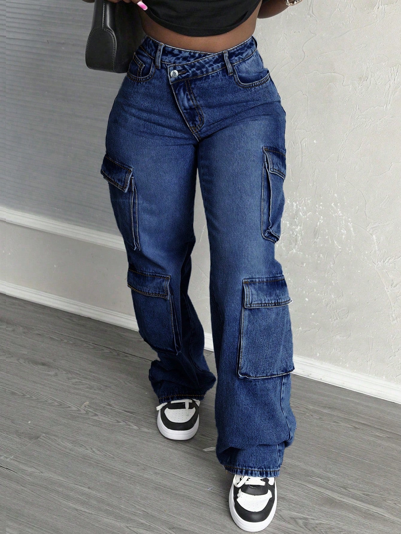 Women's Asymmetrical High Waist Straight Leg Denim Cargo Pants