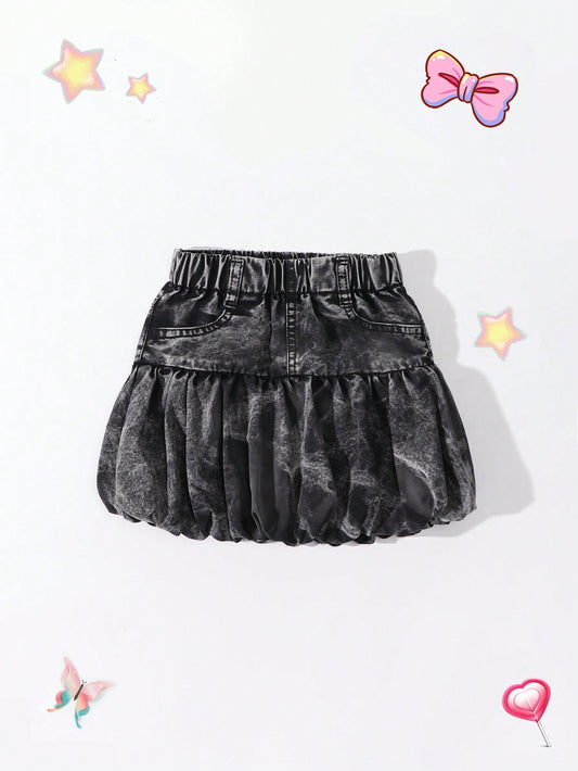 Young Girl Casual Black Bubble Denim Skirt