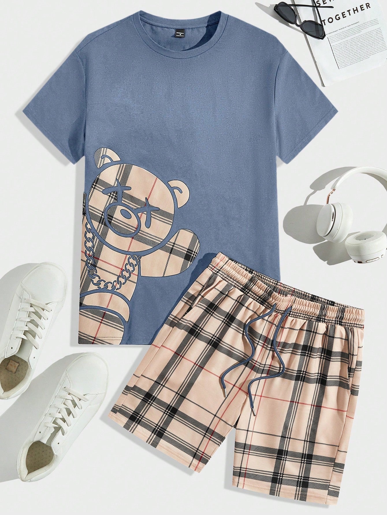 Men's Checkered Bear Print Short Sleeve T-Shirt And Drawstring Waist Shorts Set