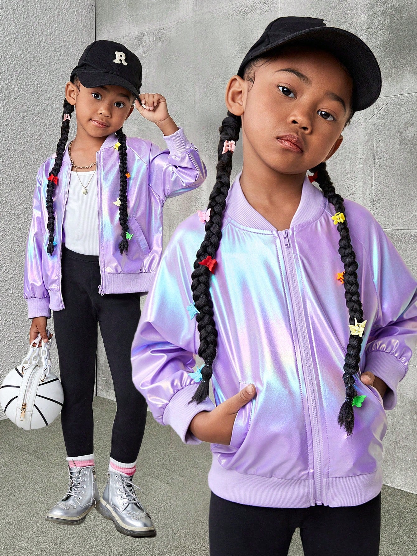 Young Girl Woven Iridescent Coated Baseball Collar Loose Casual Jacket