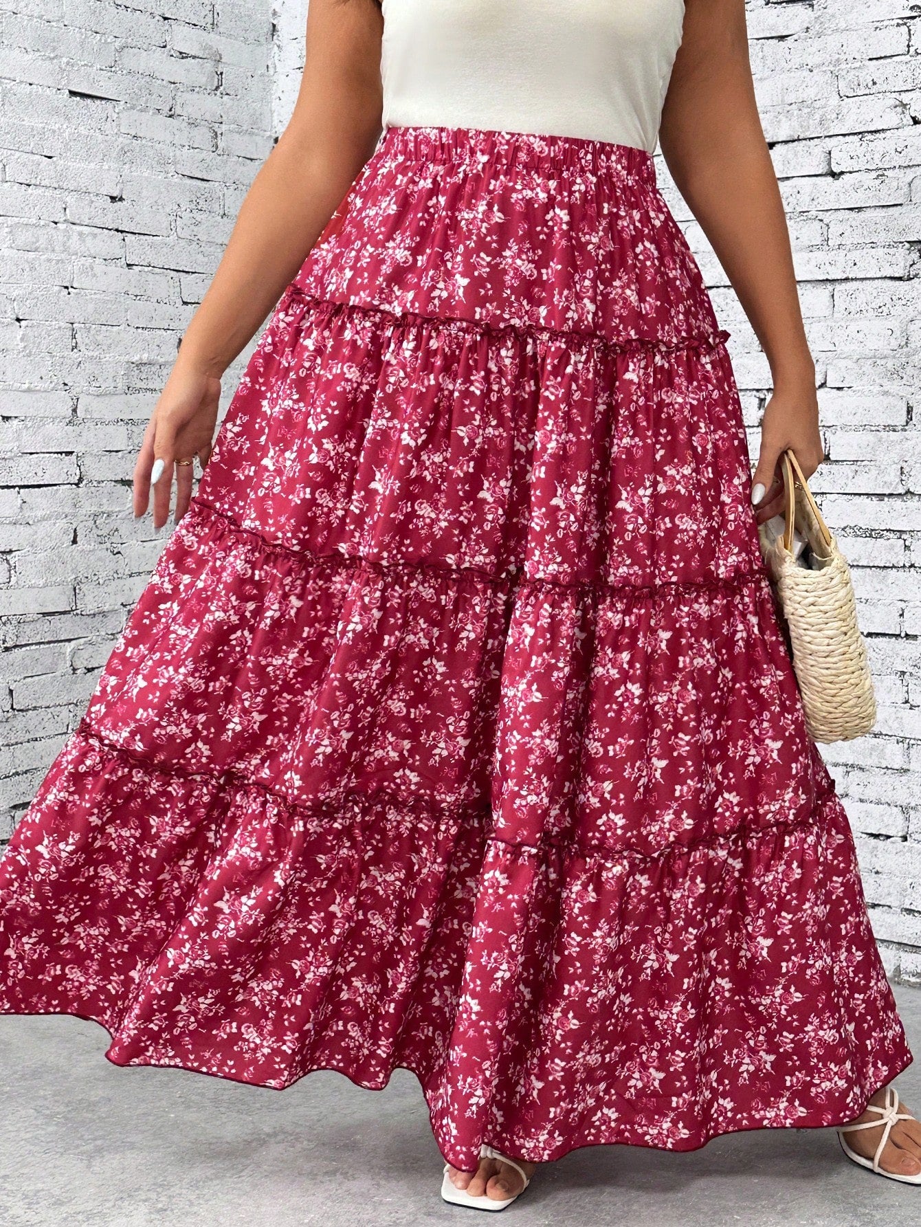 Plus Size Vacation Leisure Small Ditsy Floral Long Skirt