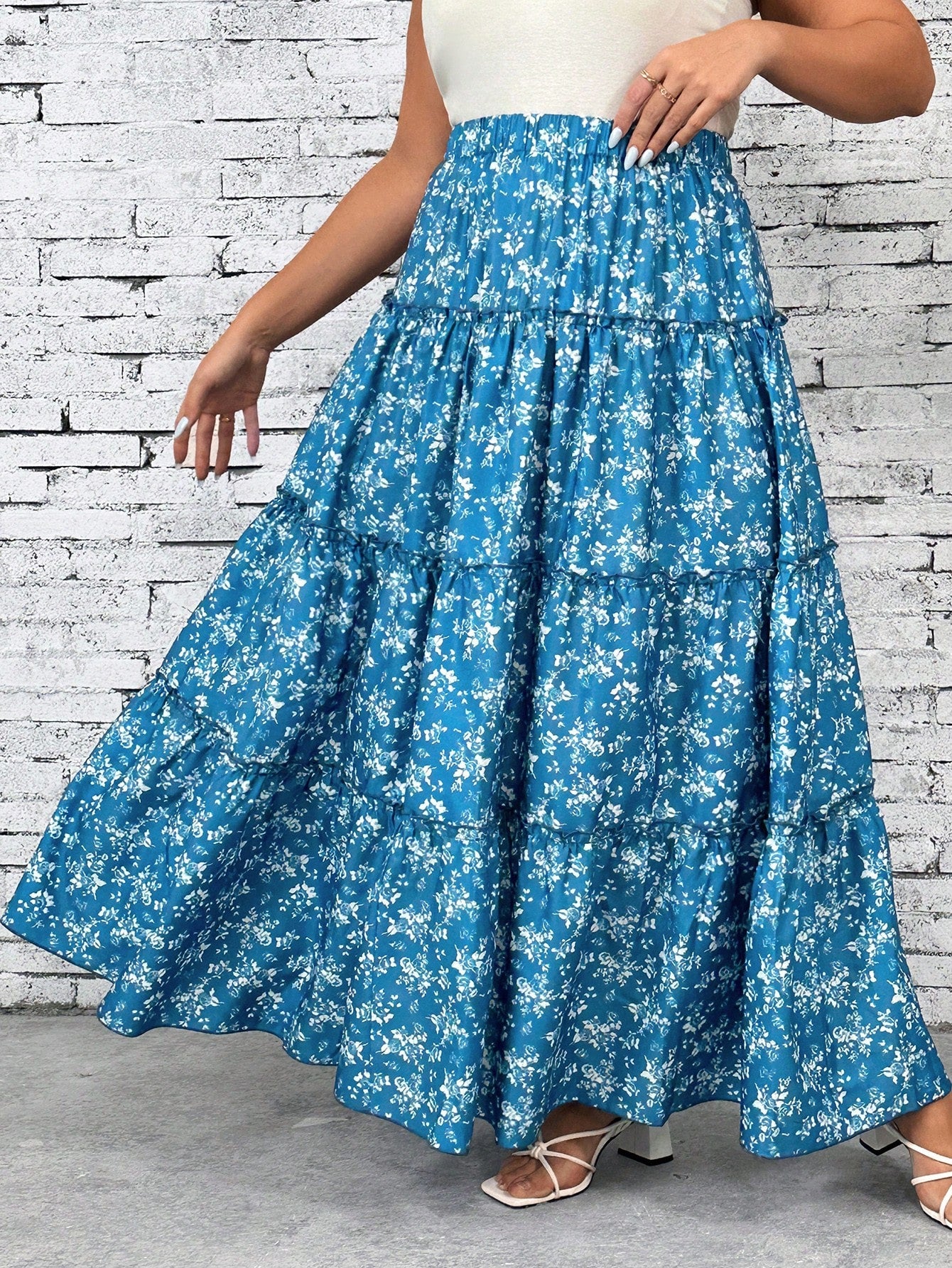 Plus Size Vacation Leisure Small Ditsy Floral Long Skirt