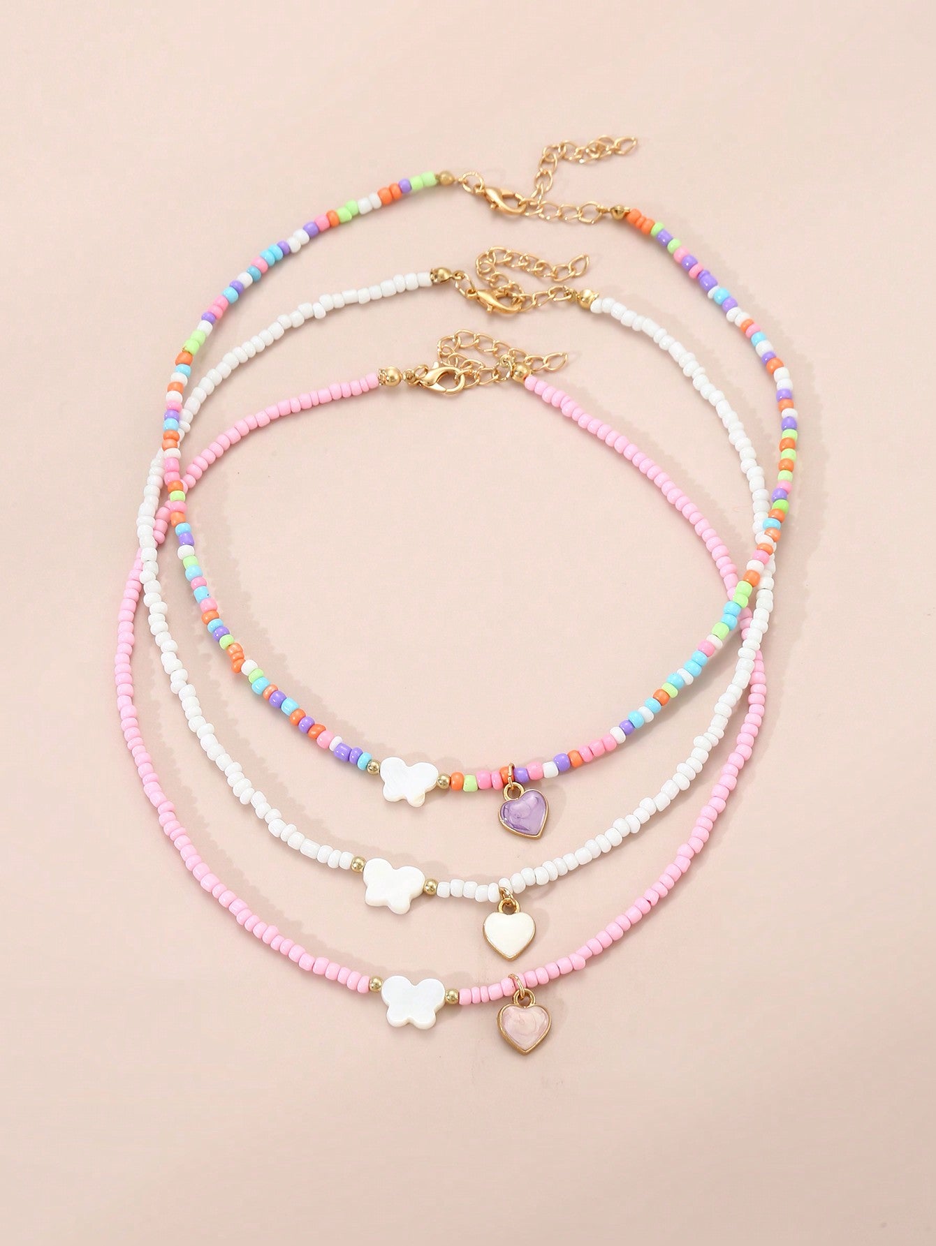 3pcs Girls' Colorful Rice Beads Heart Shaped Beaded Necklace Set