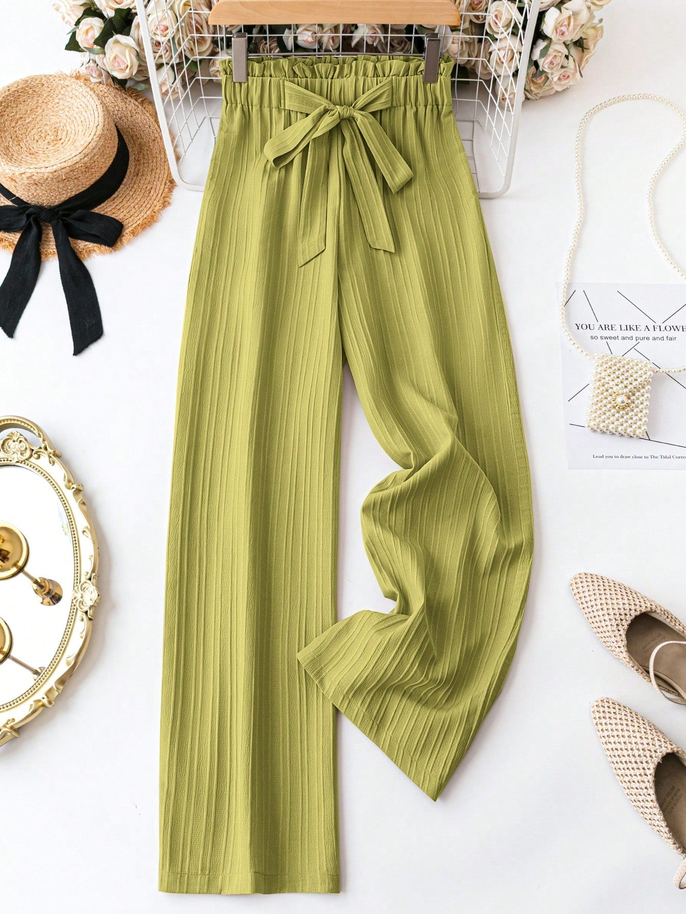 Ladies' Solid Colored Textured Paper Bag Waist Long Pants