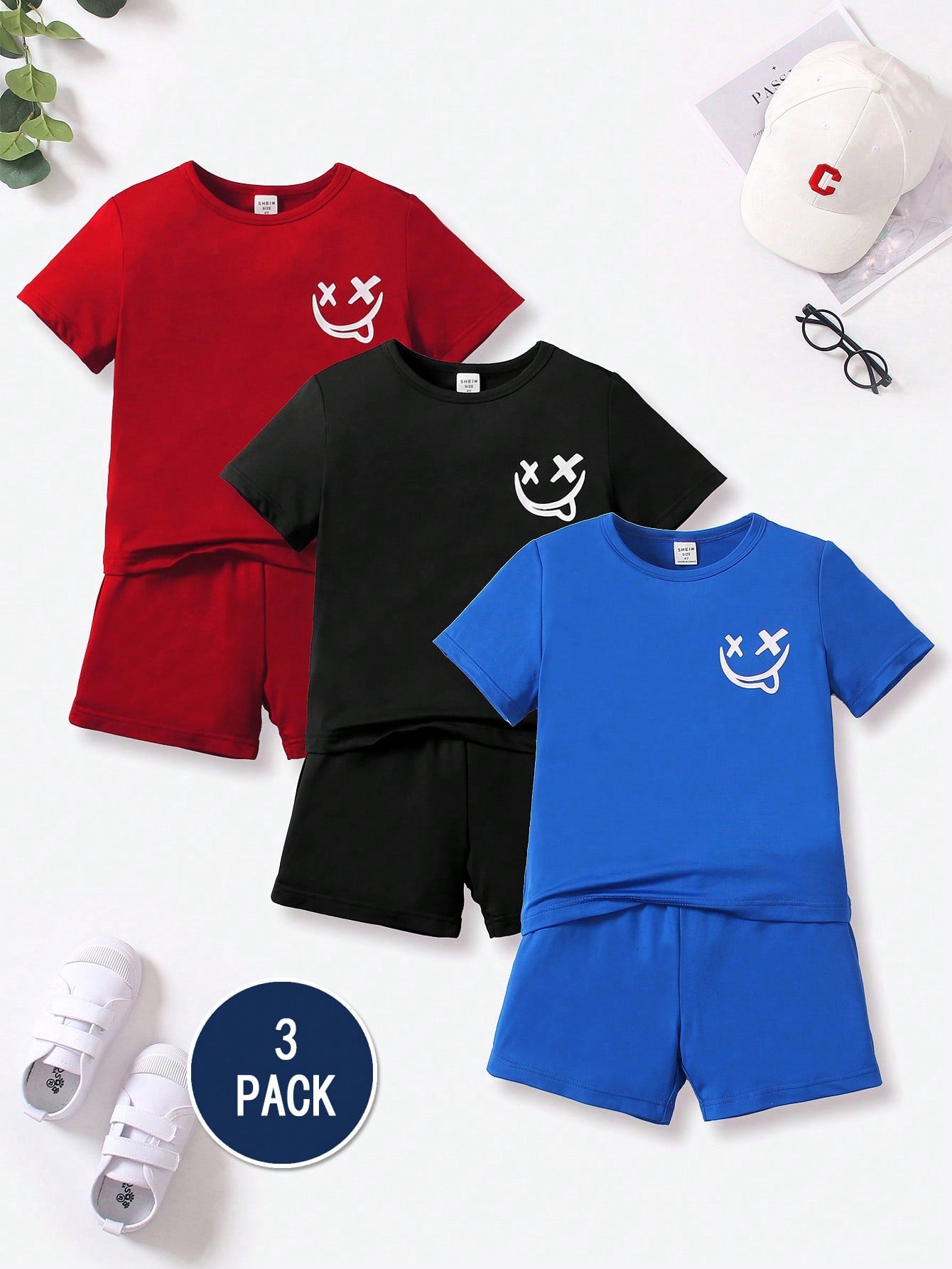 Young Boy Multicolor Knit Smile Face Print Round Neck T-Shirt And Sports Shorts 2pcs/Set Red/Black/Blue, Suitable For Summer