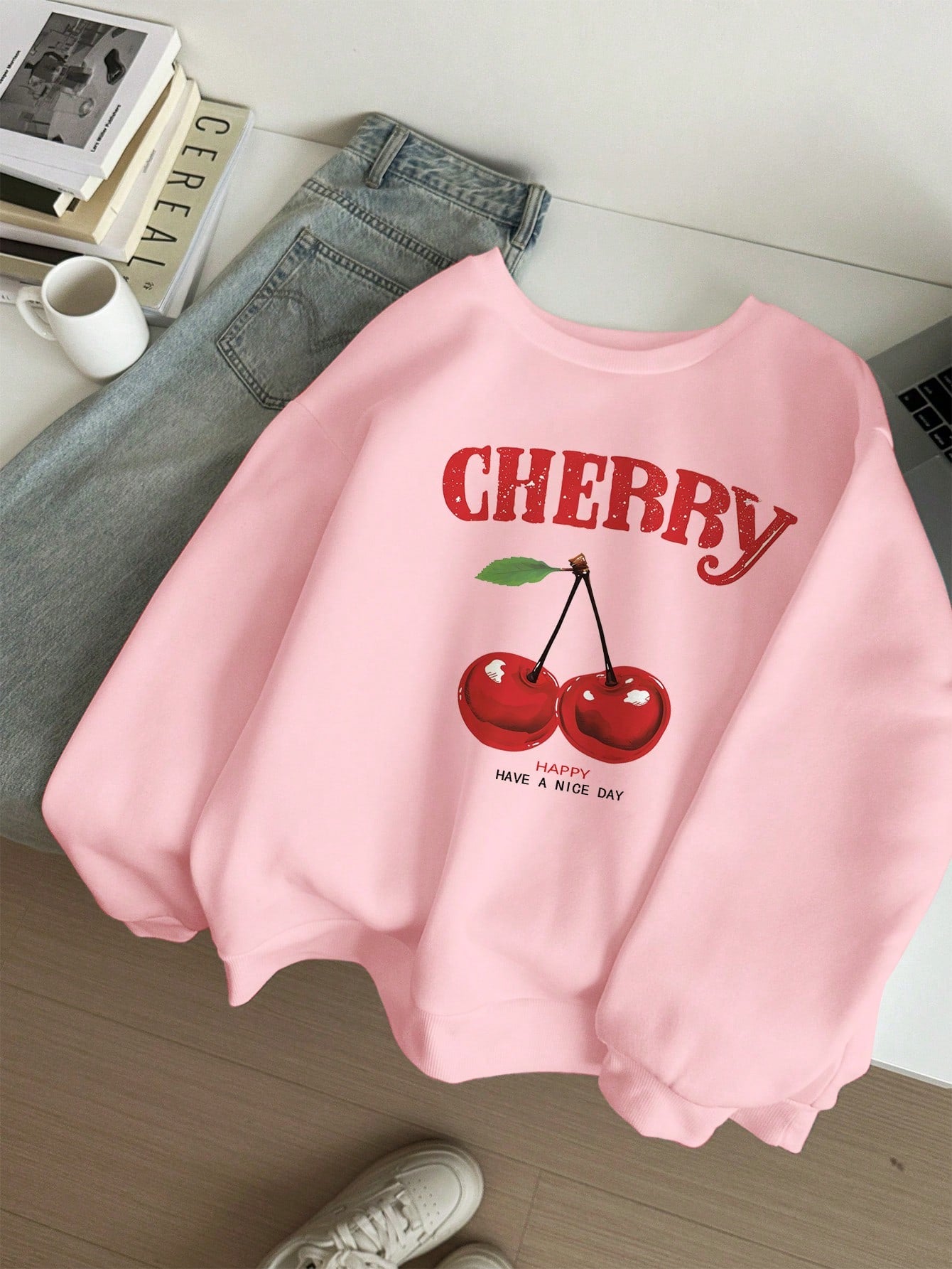 Casual And Minimalistic White Cherry Printed Round Neck Loose Women's Sweatshirt With Long Sleeves