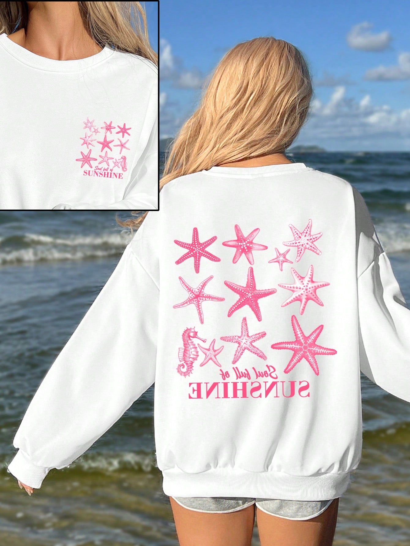 Casual Minimalist Blue Seahorse & Starfish Printed White Loose Fit Sweatshirt For Women, Suitable For Vacation