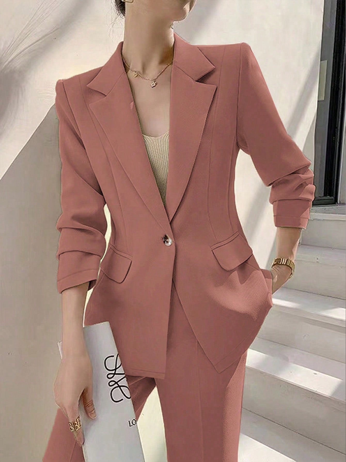 Ladies' Solid Color Simple Daily Suit Jacket And Pants Set