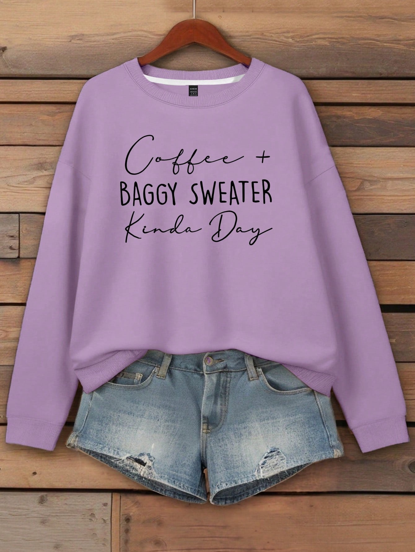 Women's Letter Printed Round Neck Hoodie Coffee  Baggy Sweater Kinda Day