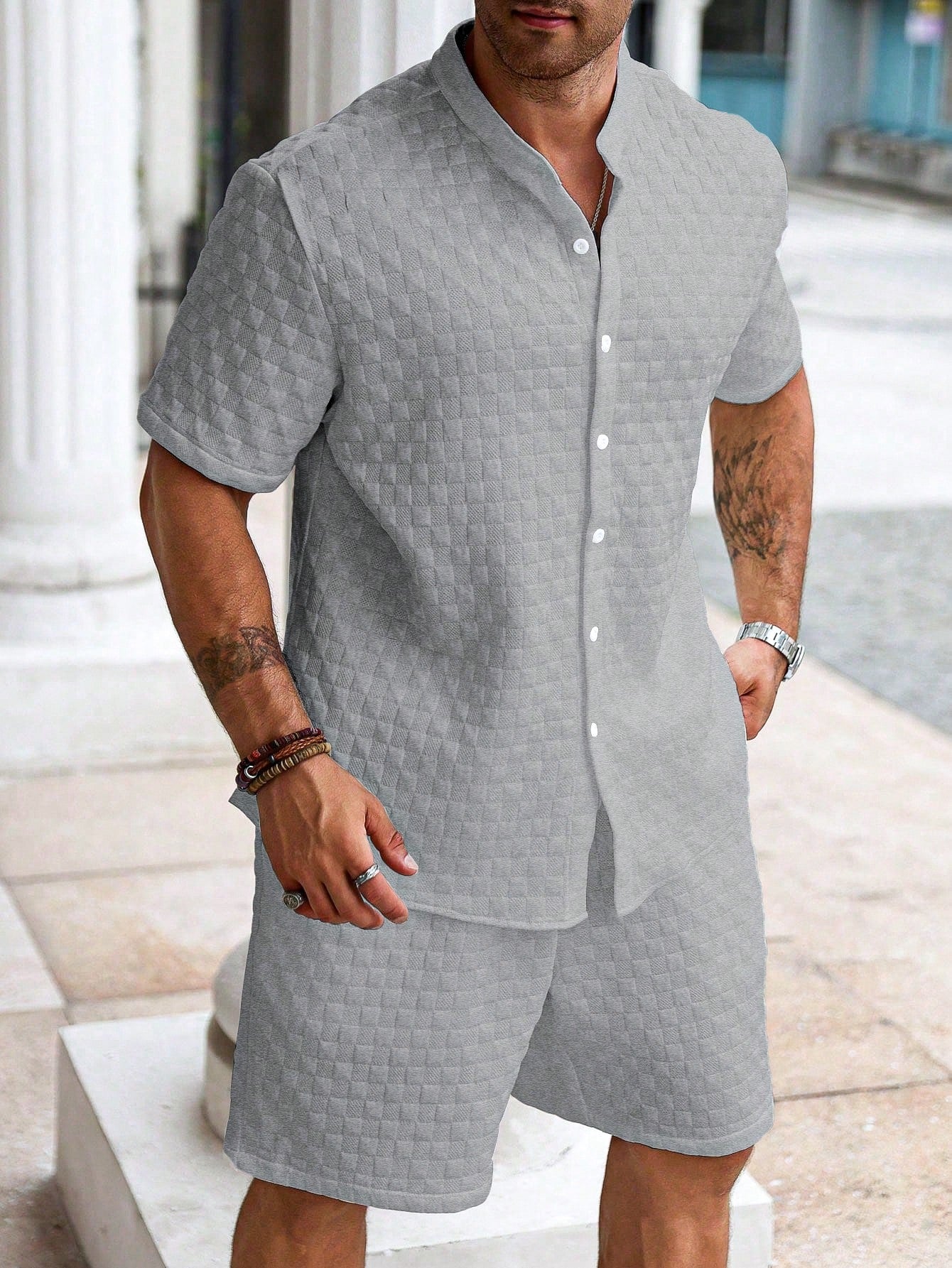 Men's Plus Size Solid Color Simple Daily Short Sleeve Shirt And Shorts Set