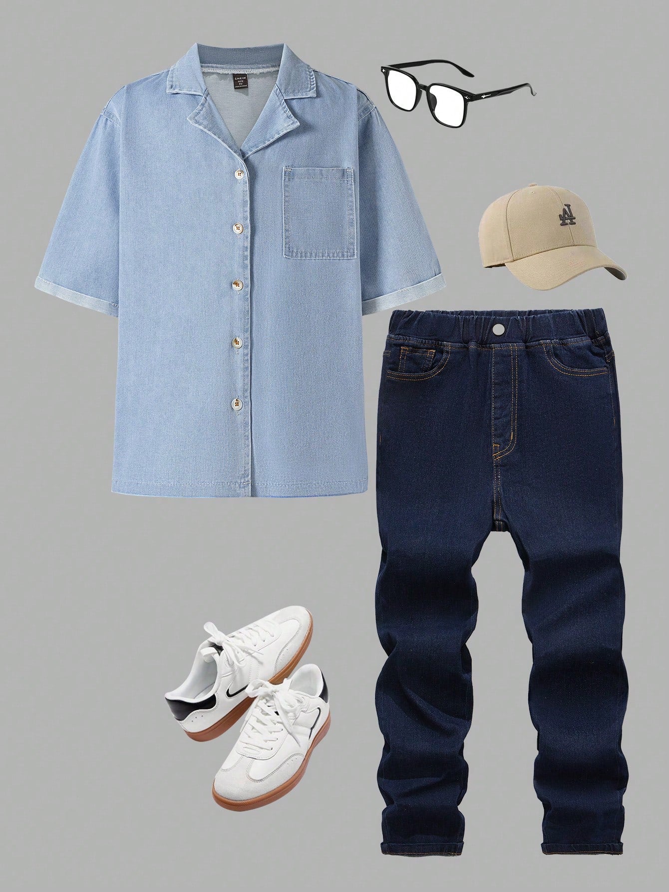 Tween Boy CAUSAL/BASIC/PREPPY SPRING/SUMMER/AUTUMN LIGHT WASH CABIN COLLAR DENIM SHIRT & ELASTIC WAIST SLIM FIT JEANS TWO PIECE SET