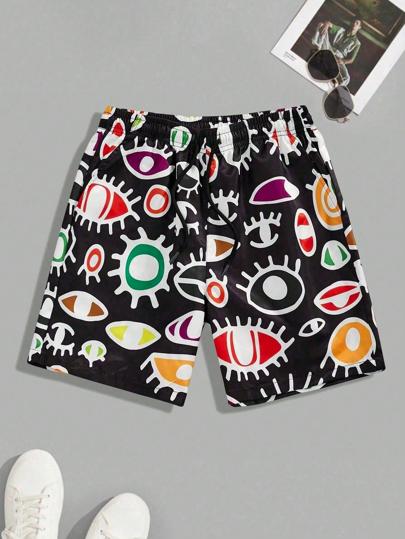 Spring/Summer Casual Eye Pattern Drawstring Shorts With A Fashionable College Style For Tween Boys