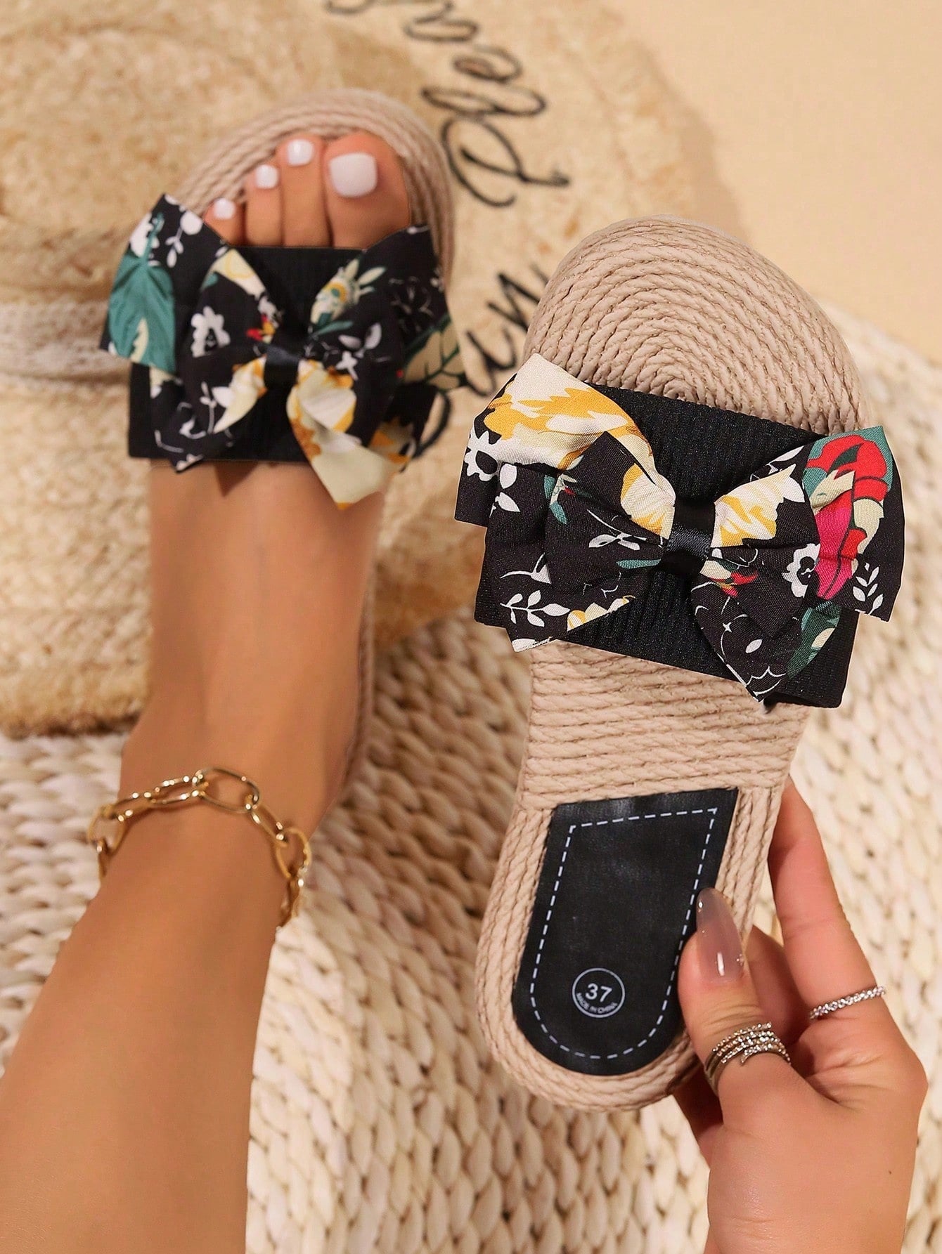 Floral Pattern Bow Decor Espadrille Slides