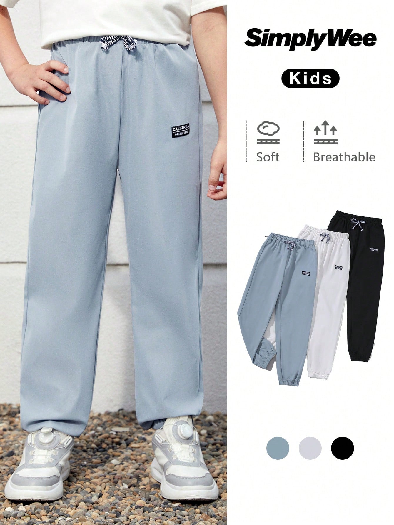 3pcs/Set Tween Boy's Solid Coloured Drawstring Cuffs Patch Detailed Pants