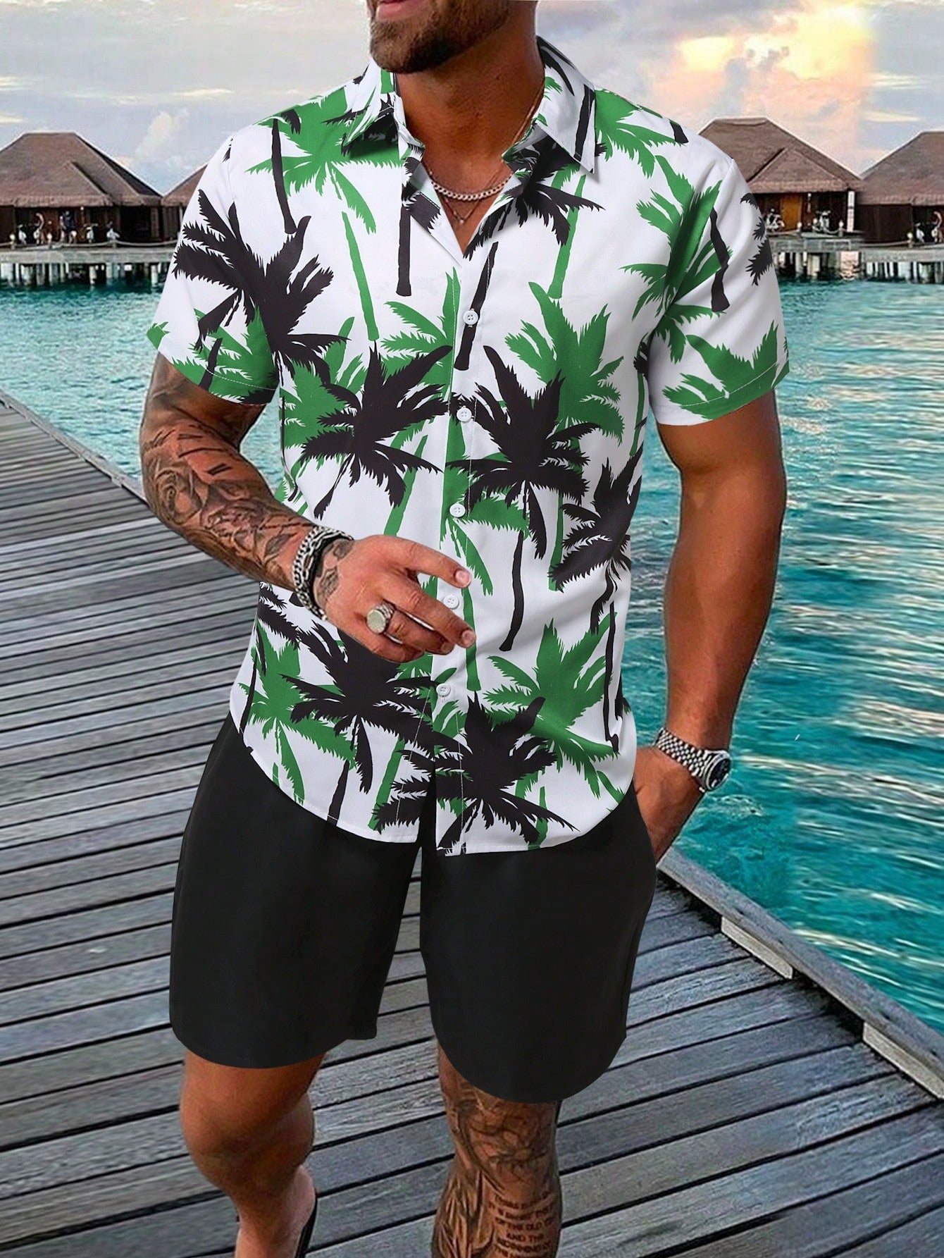 Men Coconut Tree Print Shirt & Shorts