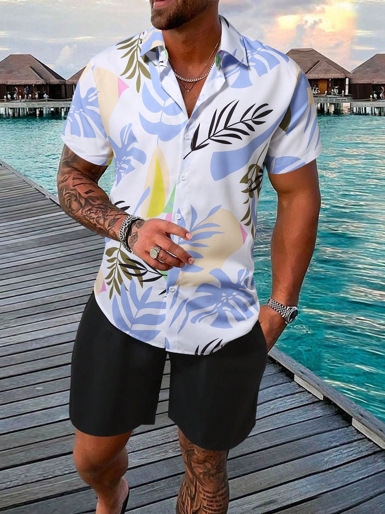 Men Tropical Print Shirt & Shorts