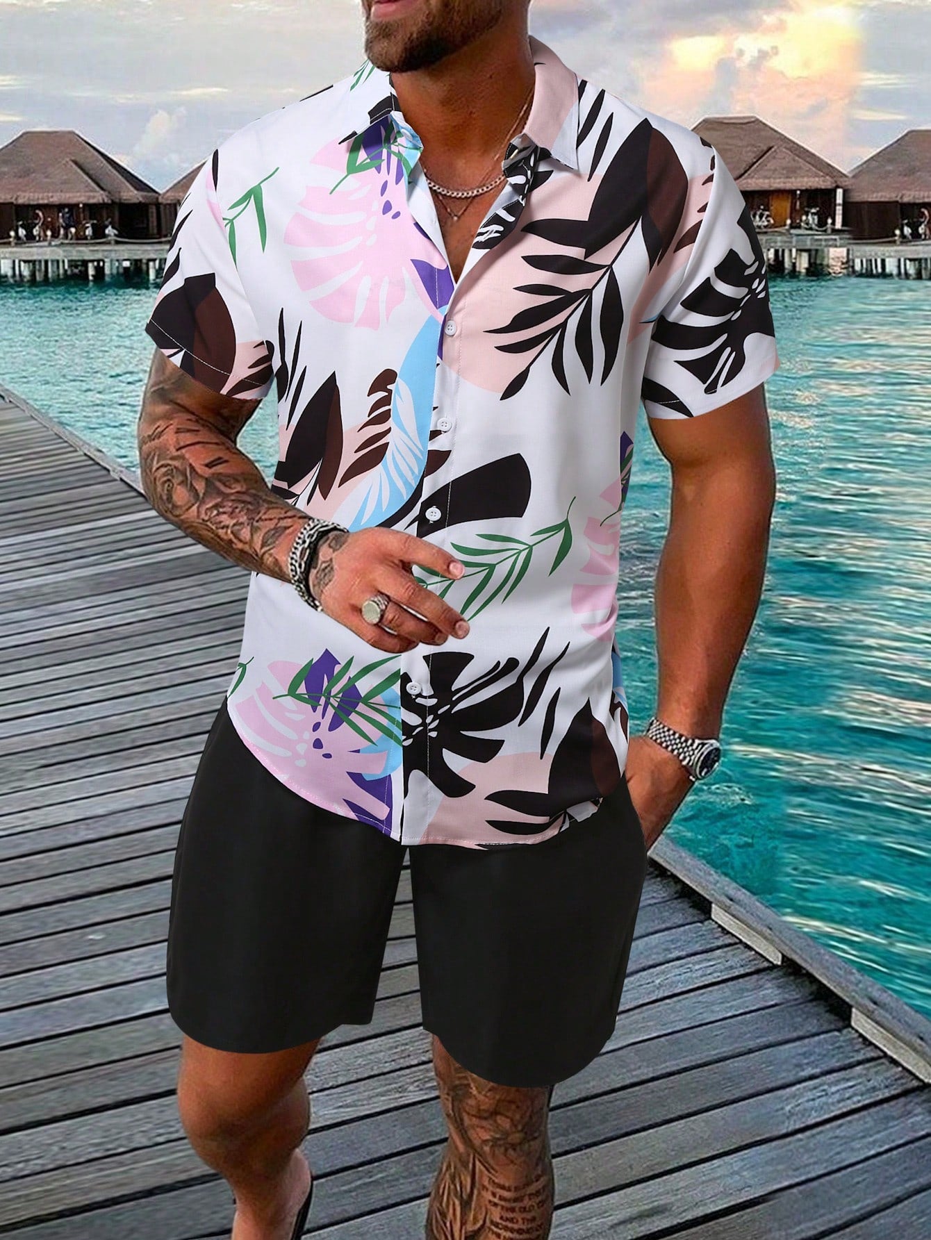 Men Tropical Print Shirt & Shorts