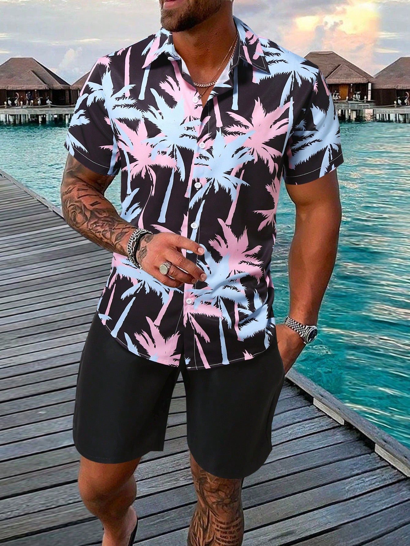 Men Coconut Tree Print Shirt & Shorts