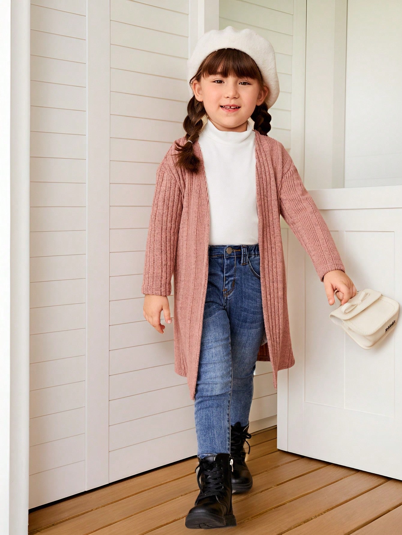 Young Girl Drop Shoulder Ribbed Knit Open Front Coat