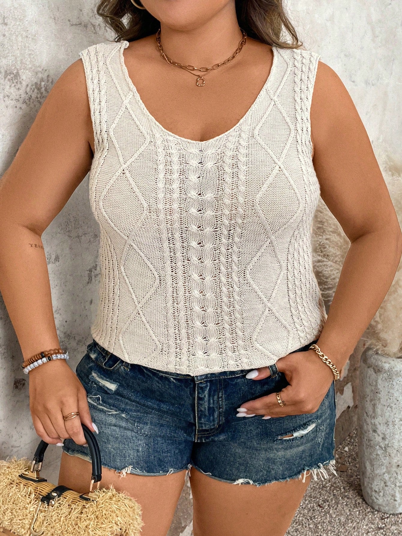 Plus Size Solid Deep V-Neck Casual Knit Vest