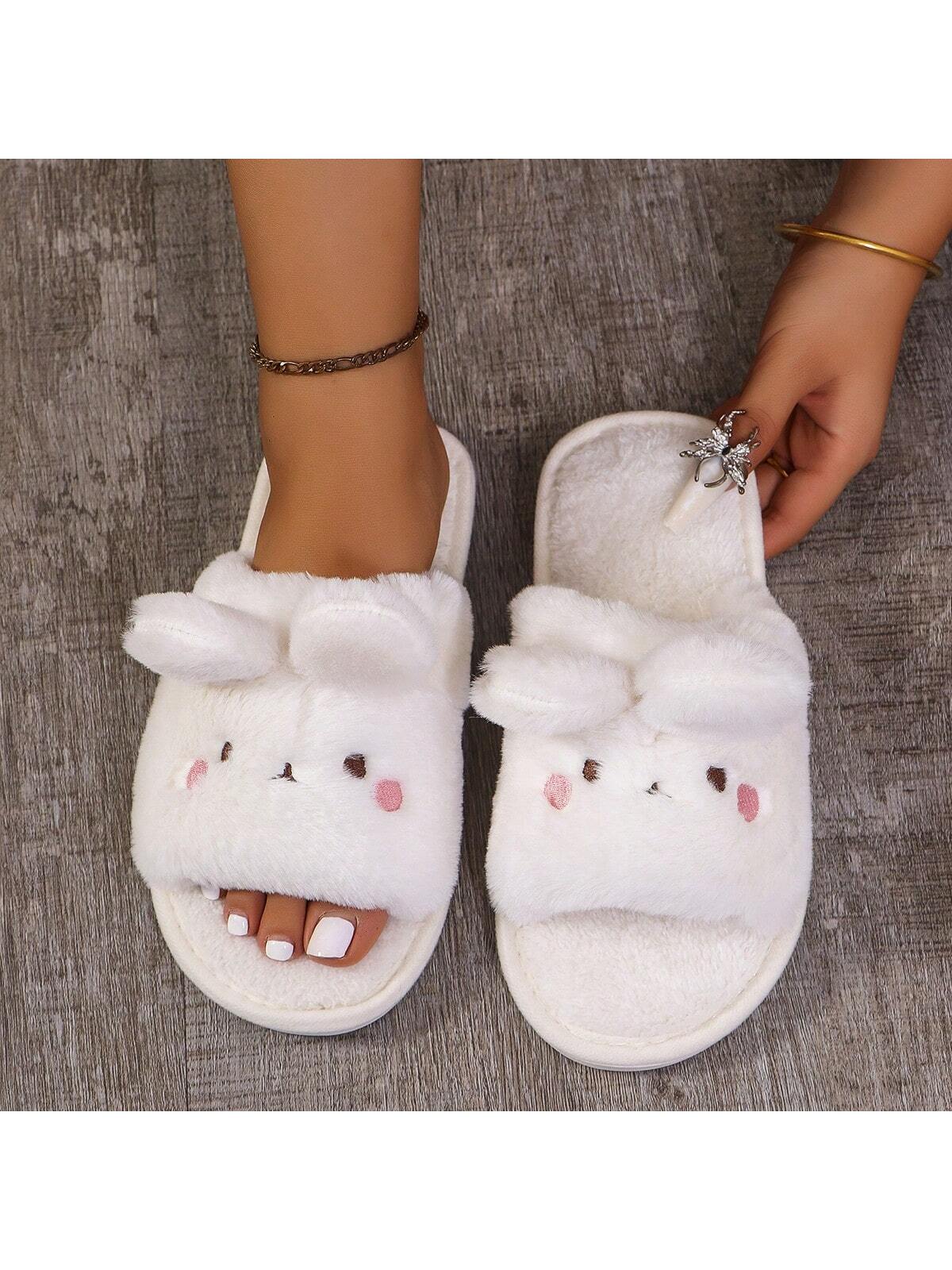 Women's Fashionable & Comfortable Round Toe White Plush Warm Flat House Slippers With Fur Trim