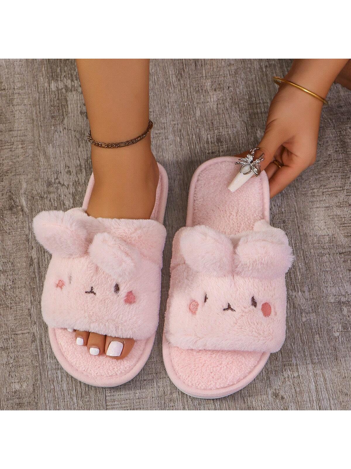 Women's Fashionable & Comfortable Round Toe White Plush Warm Flat House Slippers With Fur Trim