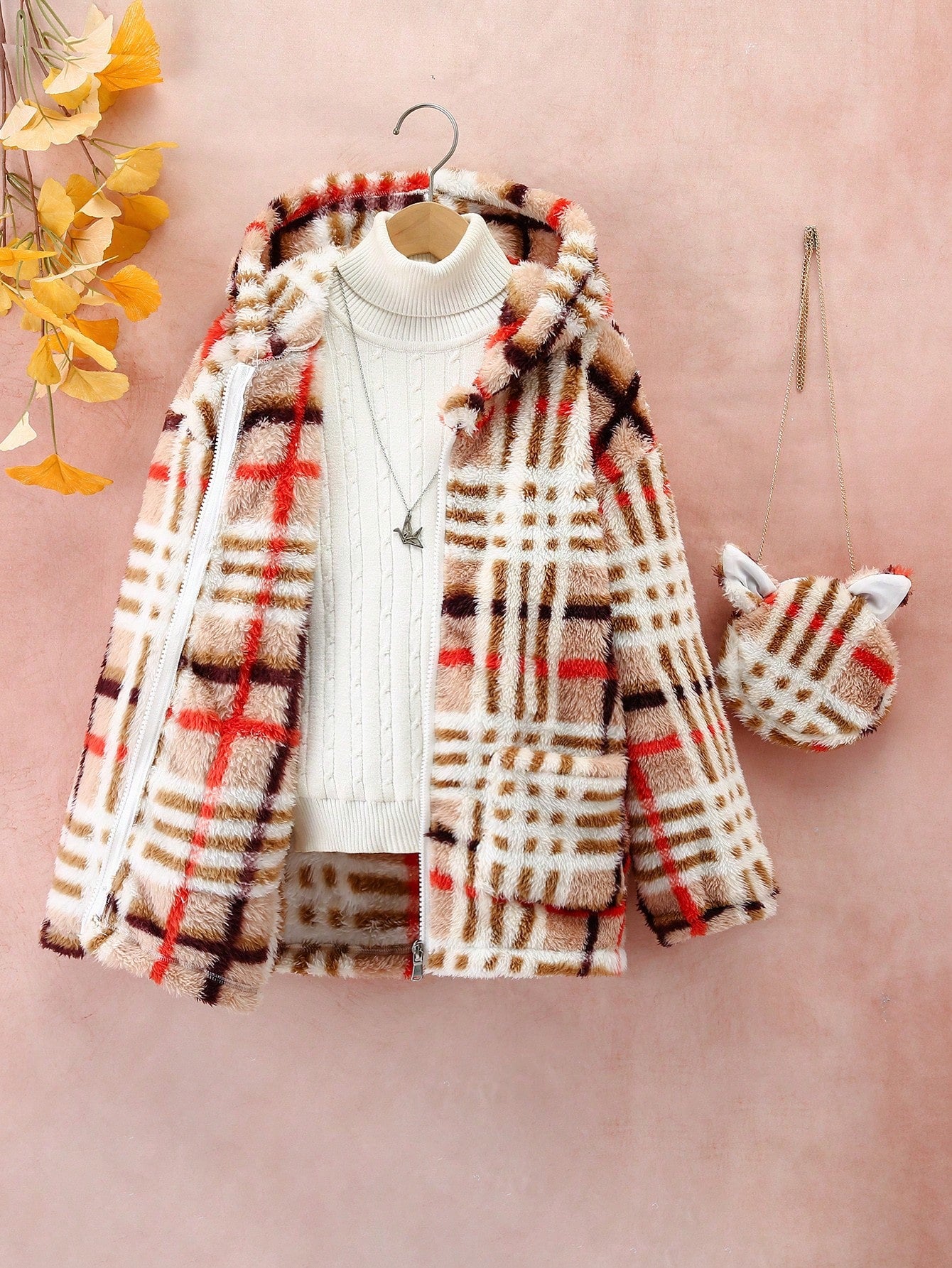 Tween Girl Buffalo Plaid Pattern Drop Shoulder Hooded Teddy Coat With Bag