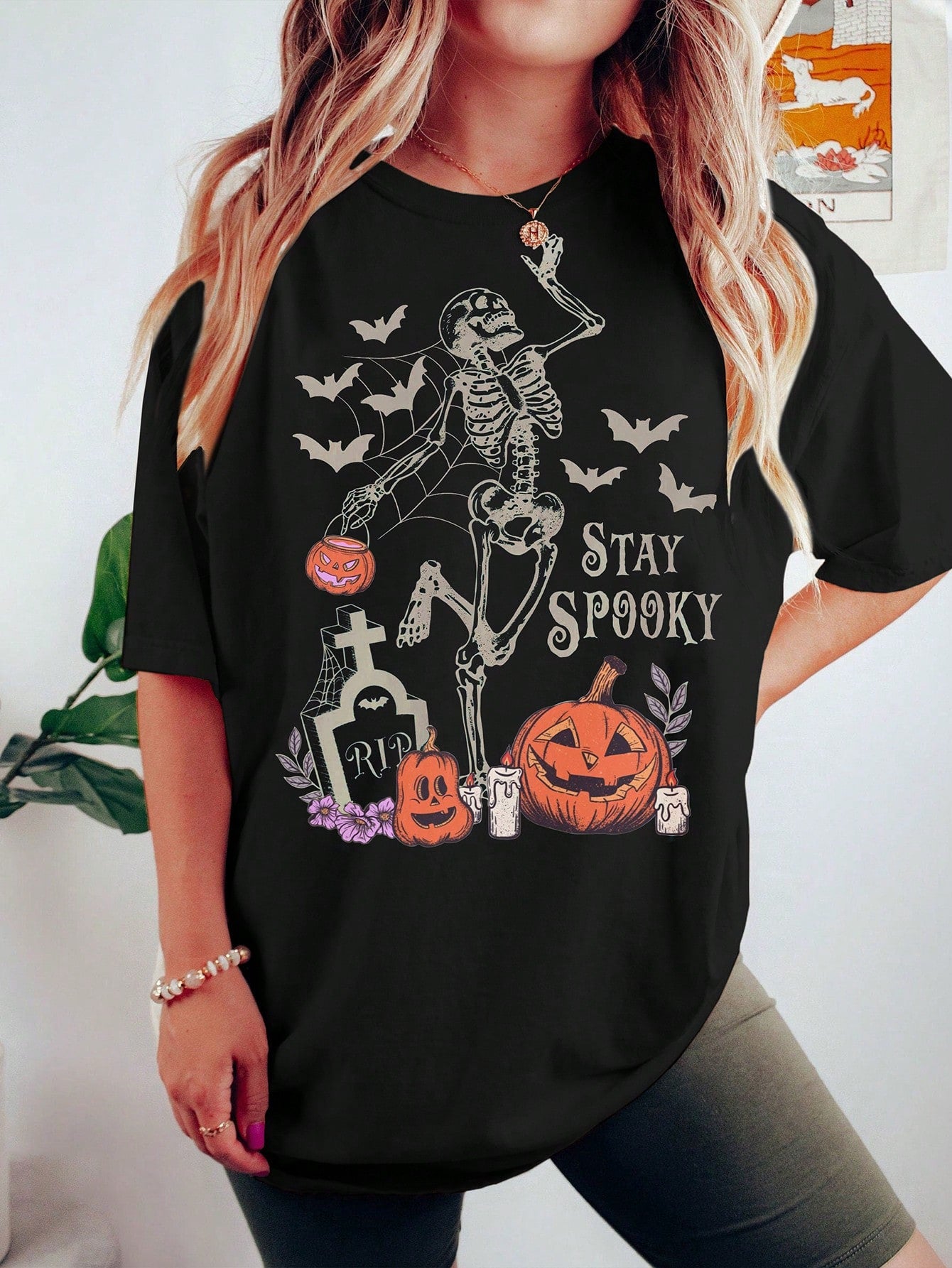 Plus Size Women's Skull Pumpkin Bat Print Round Neck Short Sleeve Simple Daily T-Shirt