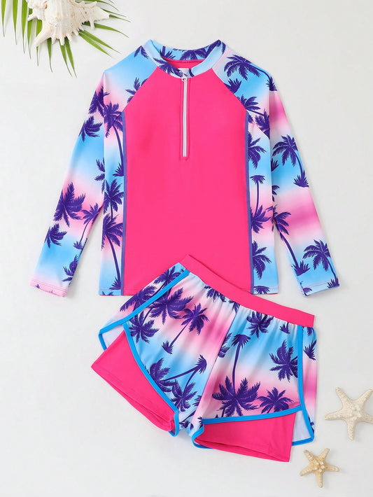 Tween Girl Long Sleeve Swimsuit With Large Prints And Patchwork & Swim Shorts