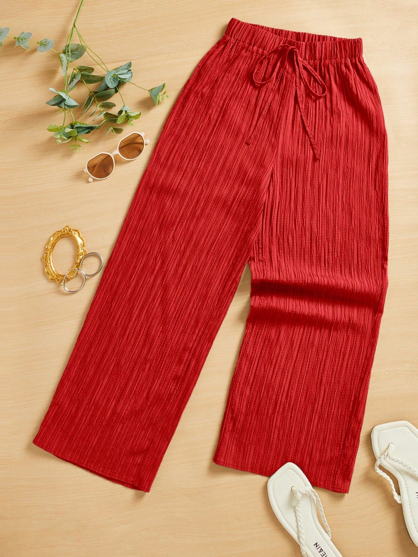 Summer Casual Textured Wide-Leg Capri Pants