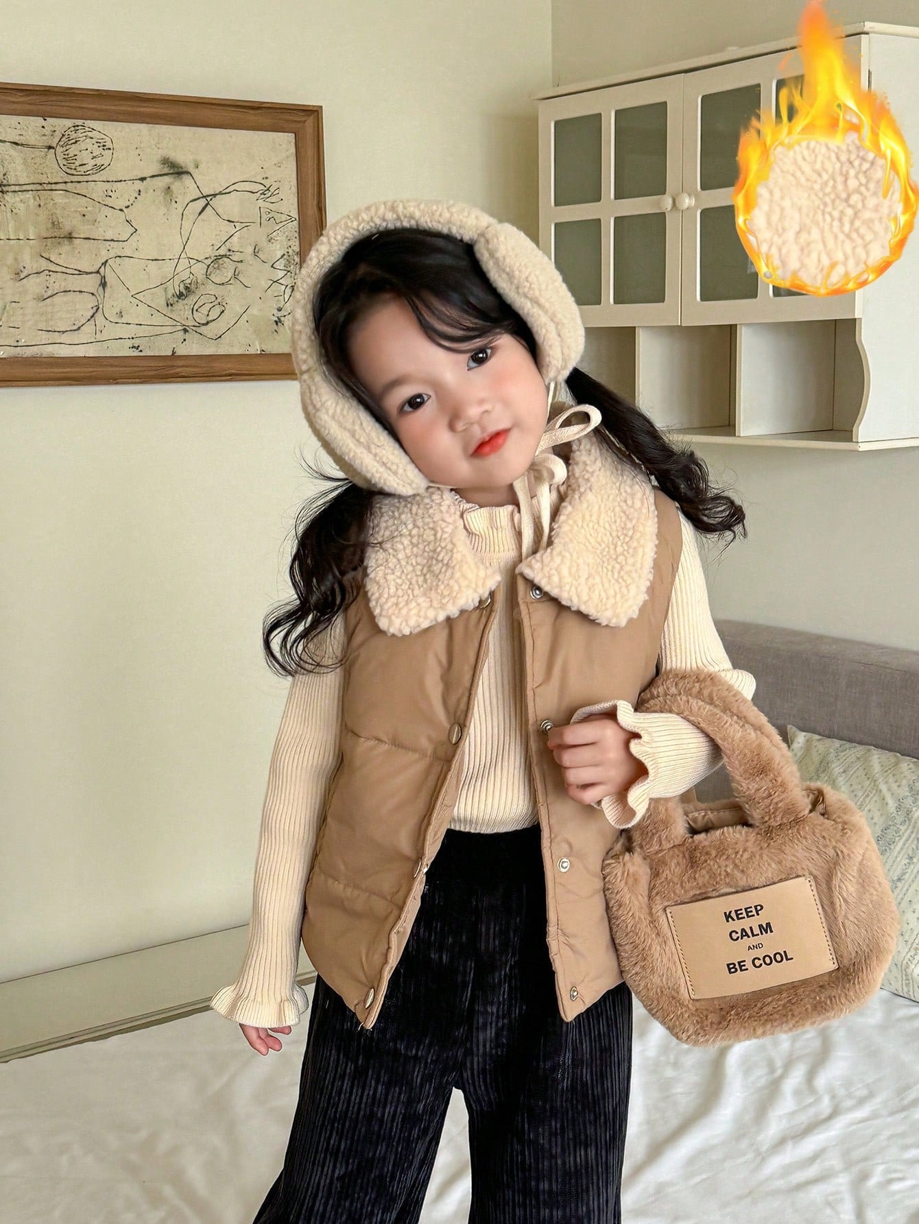 Kids Girls' Casual Lapel Faux Fur Sleeveless Loose Flap Pocket Fleece Vest, Solid Color