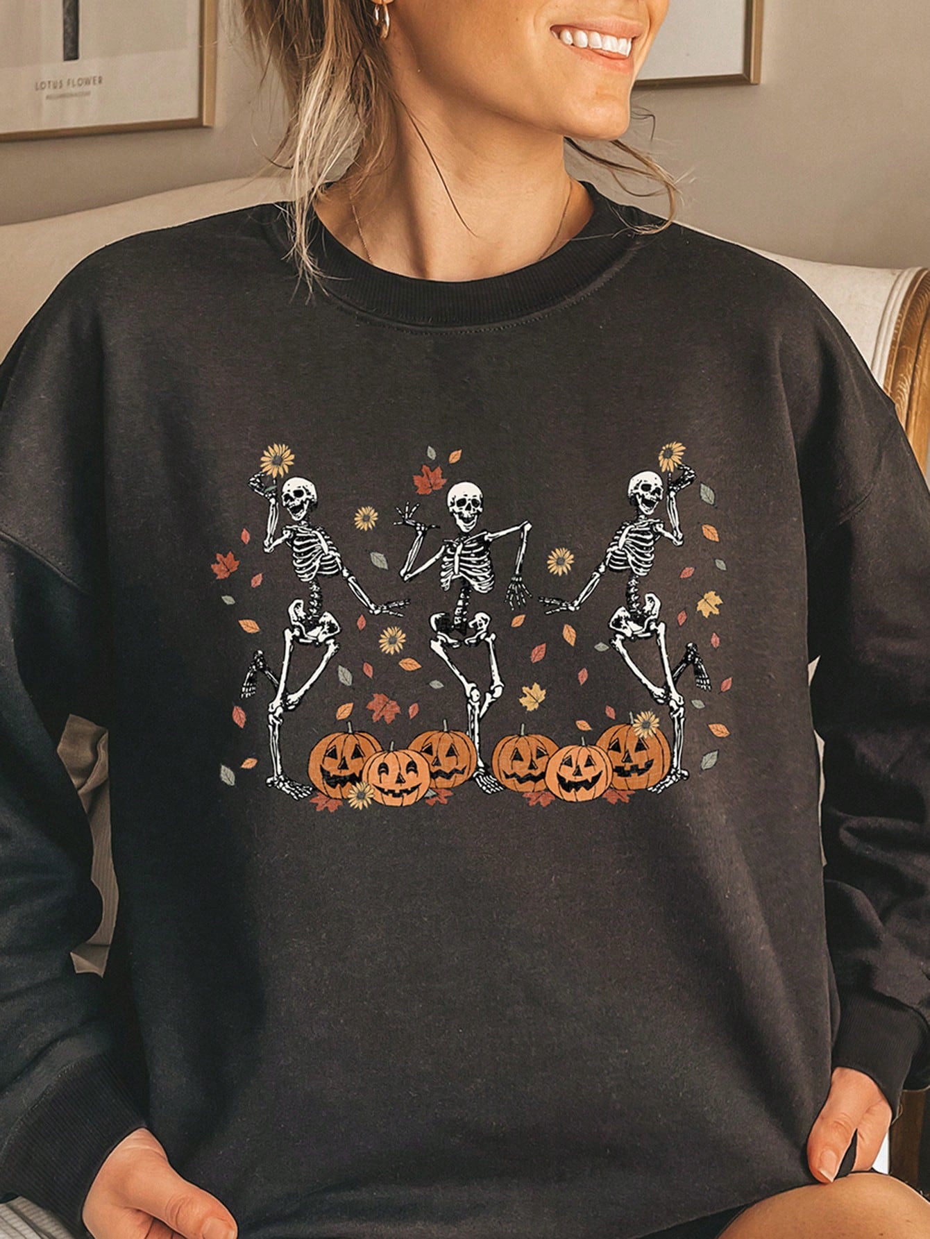 Women's Spring And Autumn Pumpkin Skull Print Round Neck Drop Shoulder Long Sleeve Casual Loose Sweatshirt