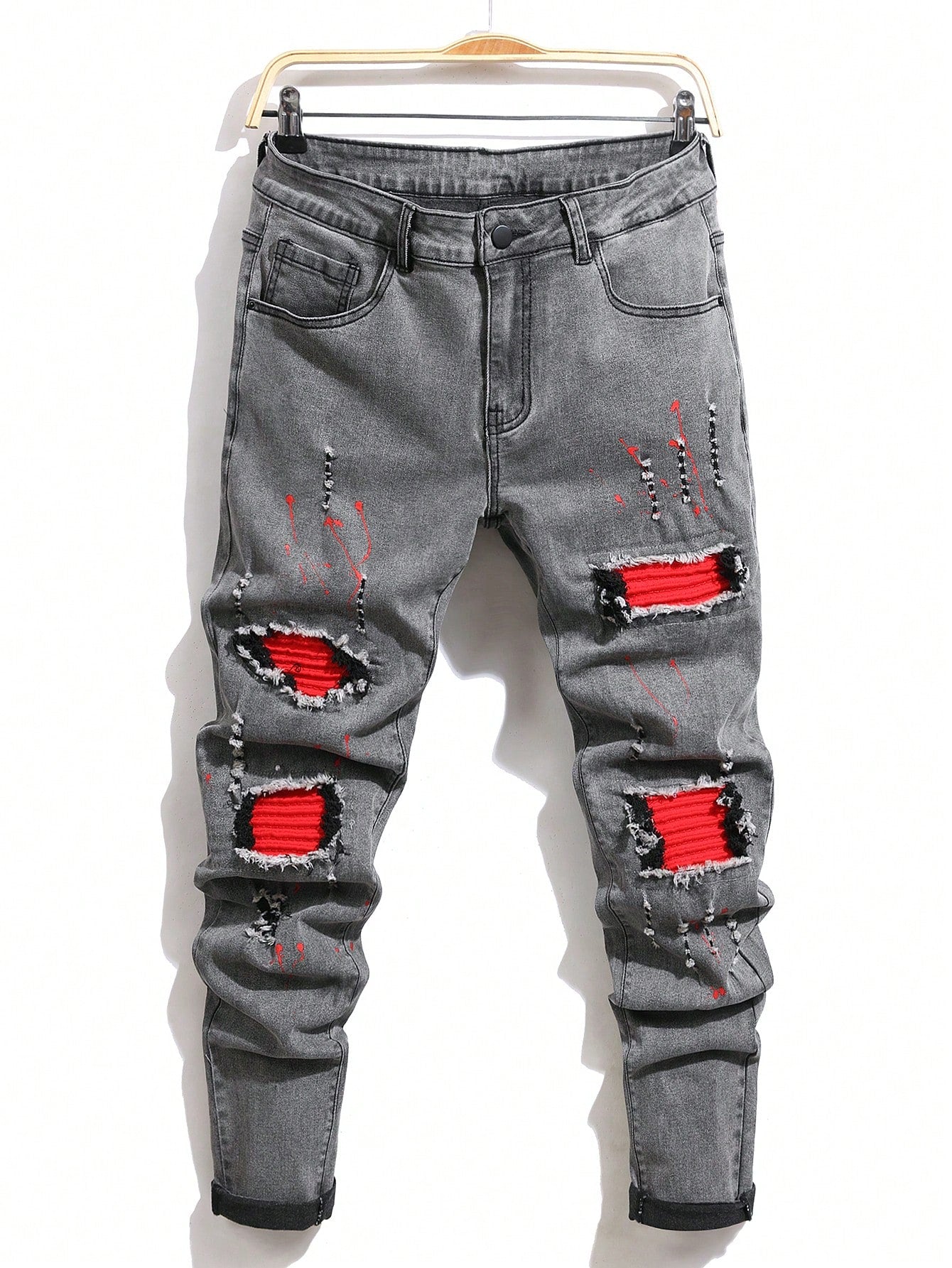 Men Cotton Splash Ink Print Ripped Frayed Rag Stitching Jeans